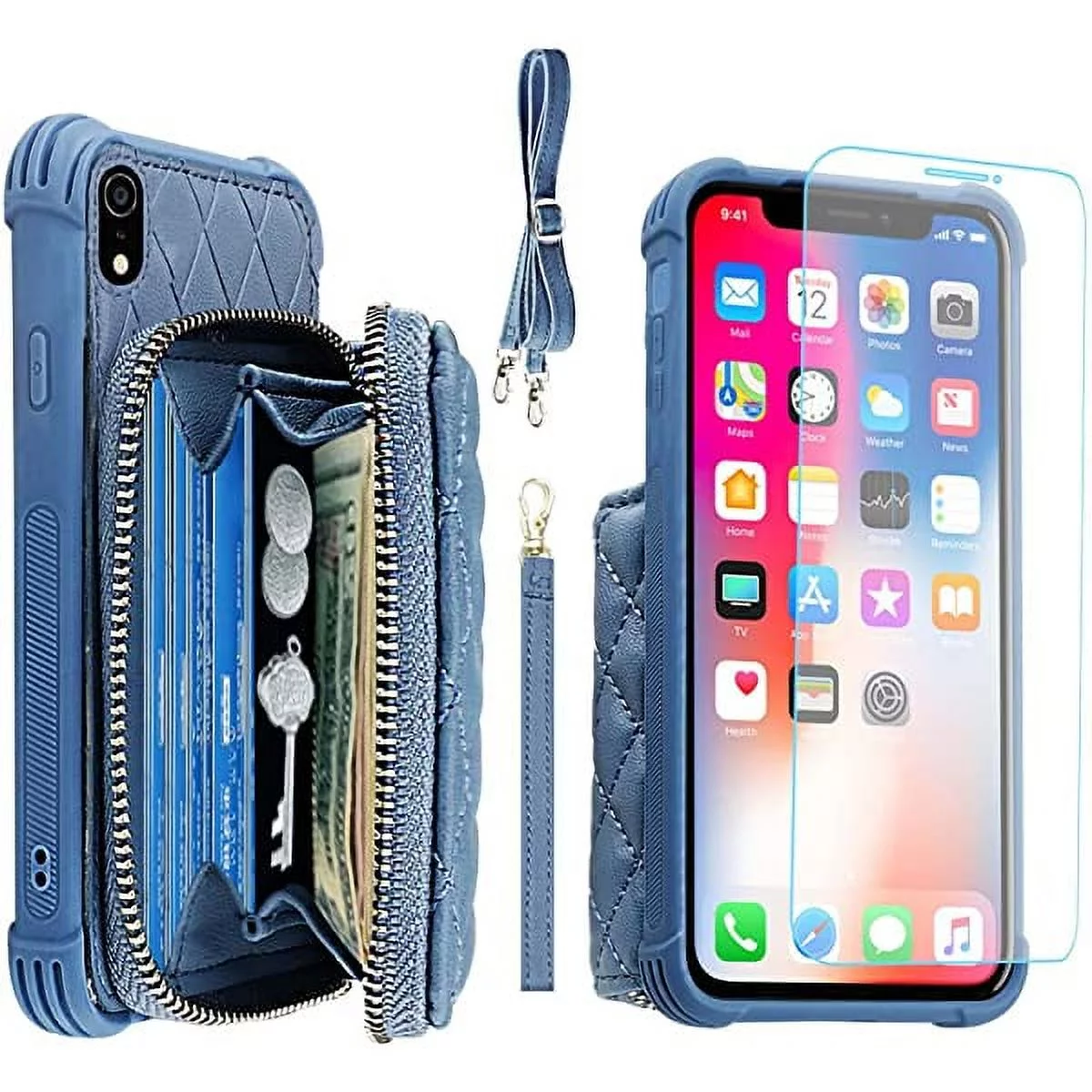 MONASAY Zipper Wallet Case for iPhone XR ,[Glass Screen Protector ][RFID Blocking]Flip Leather Handbag Phone Cover with Card Holder & Detachable Crossbody Shoulder Lanyard Strap for Apple iPhone XR