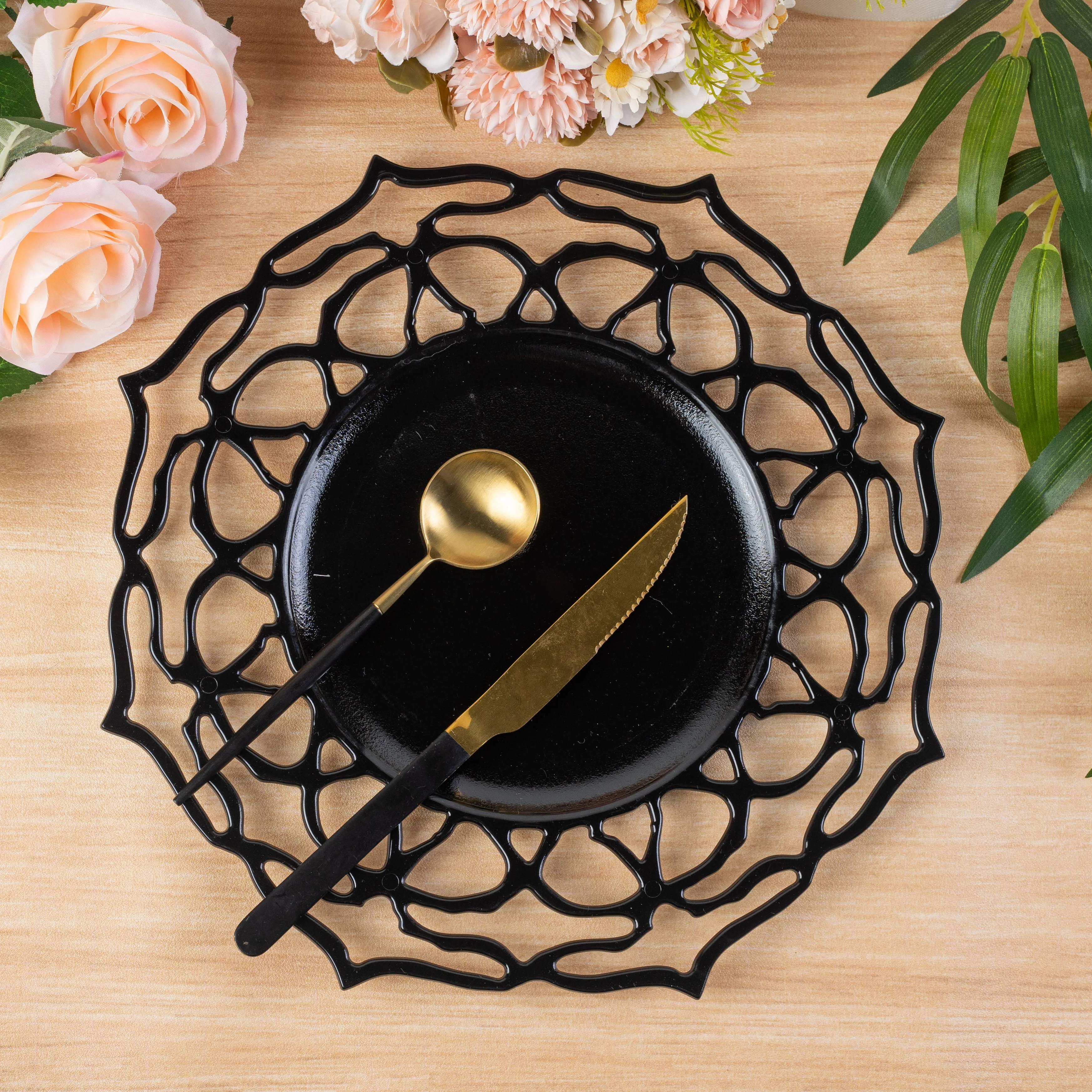 10 Pk Black Petal Edge Acrylic 13 Inch Decorative Charger Plate for Wedding Birthday Party Events Bridal Shower Dinner Tabletop Decoration