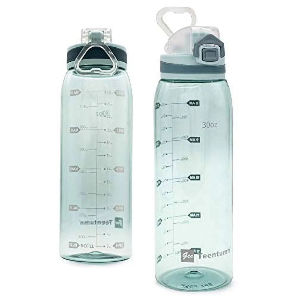 Teentumn 30oz Sport Water Bottle with Time Markers, Large Durable Gym Clear Plastic Bottle Tritan BPA Free for Fitness, Outdoor Enthusiasts, Leakproof Green