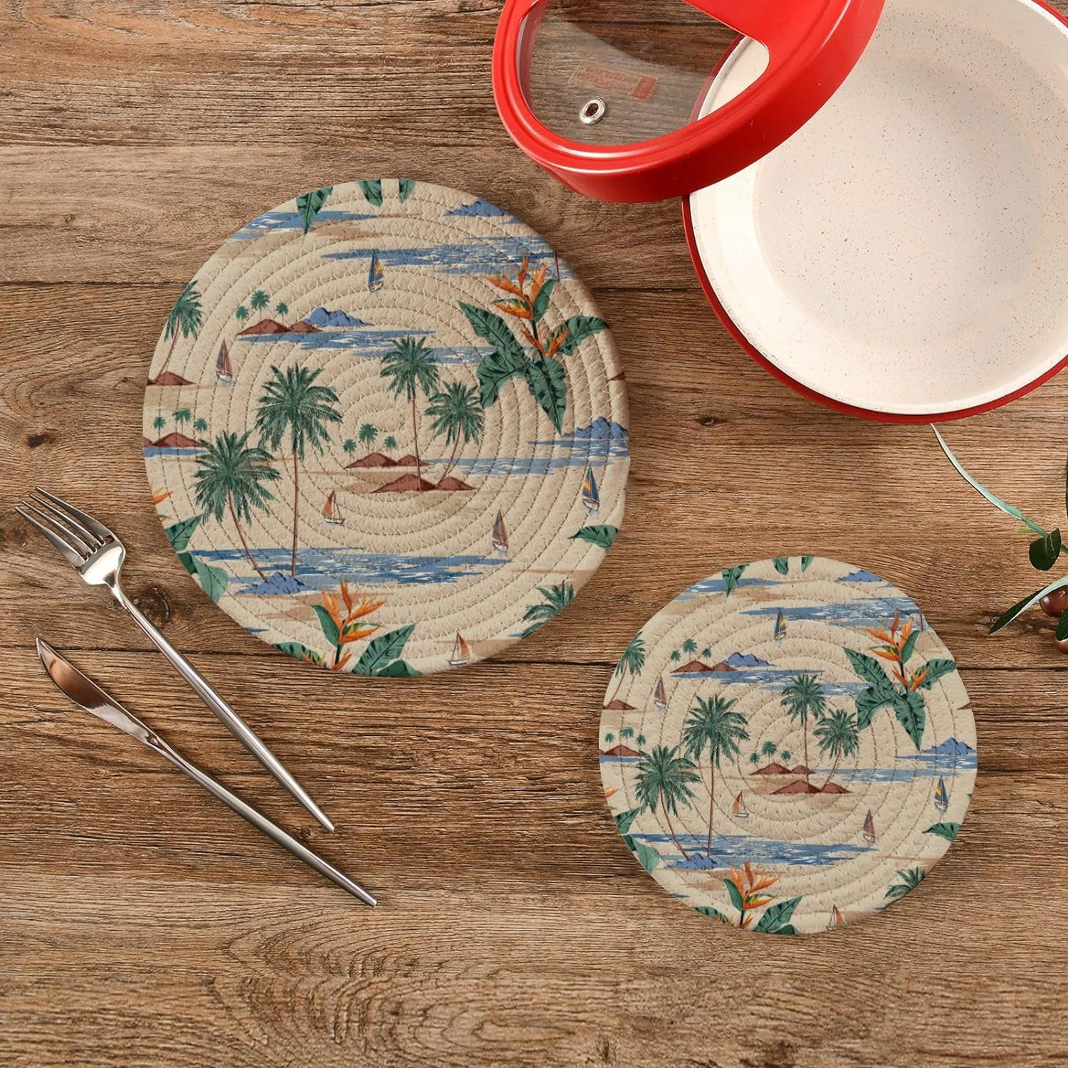 SKYSONIC Pot Holders Trivets set, 2 Pcs,Palm Tree Ocean Potholders for Kitchen Thread Weave Trivets for Hot Dishes/Pot/Bowl/Teapot/Hot Pot Holders