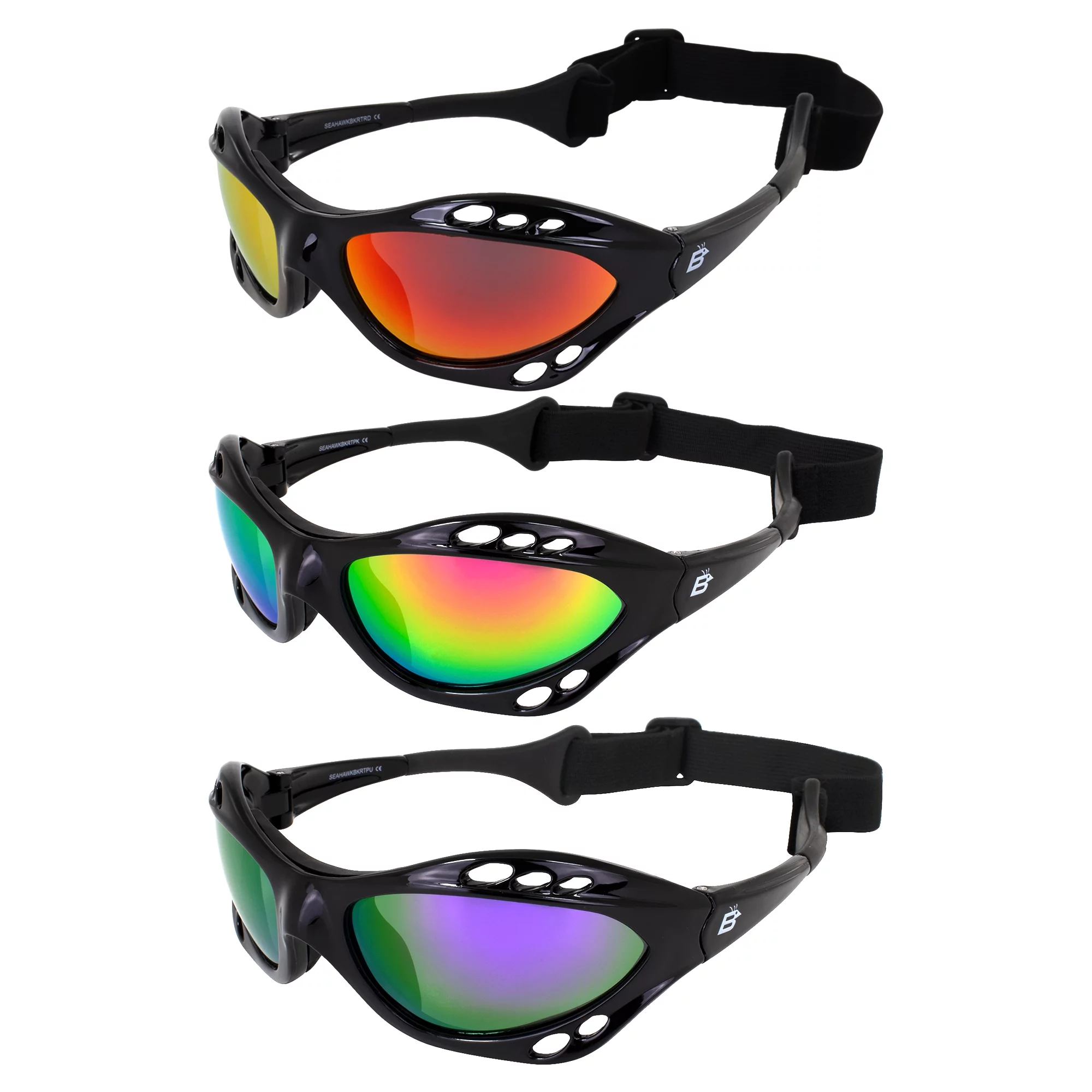 3 Pairs Birdz Seahawk Padded Polarized Sunglasses w/Strap Water Sports Surfing Kayaking Jetski  Black Frame w/Red Pink & Purple Mirror Lenses
