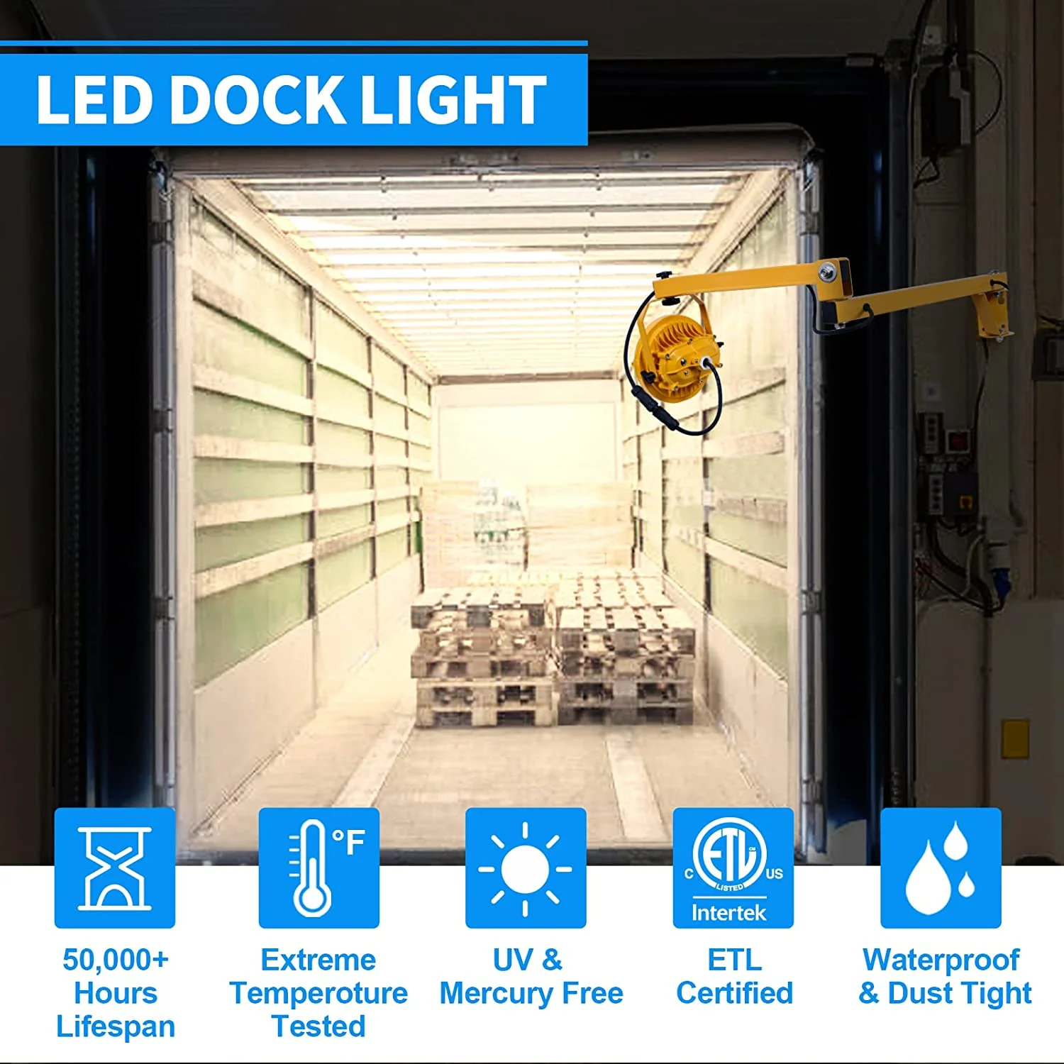 LED Loading Dock Light 30W, 3600 Lumens, 40in Swing Arm Dock Light, 360 Rotatable Lamp Head for Trailers, Docks, Warehouses, Container, ETL Listed