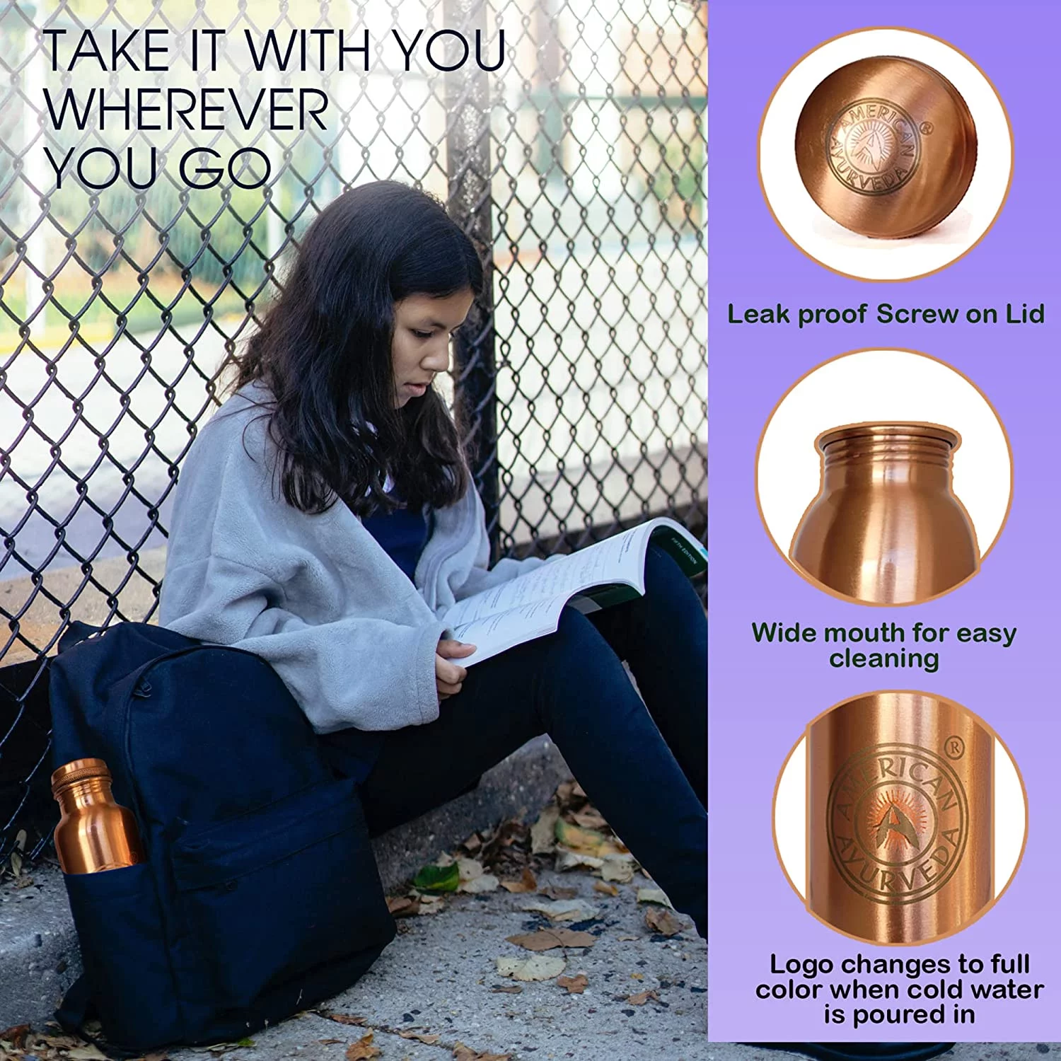 100 Pure Copper Water Bottle Joint Free, Leak Proof, Tumbler, Flask, Yoga, Health Benefits, Natural Alkaline Water, 900ml/30 Oz