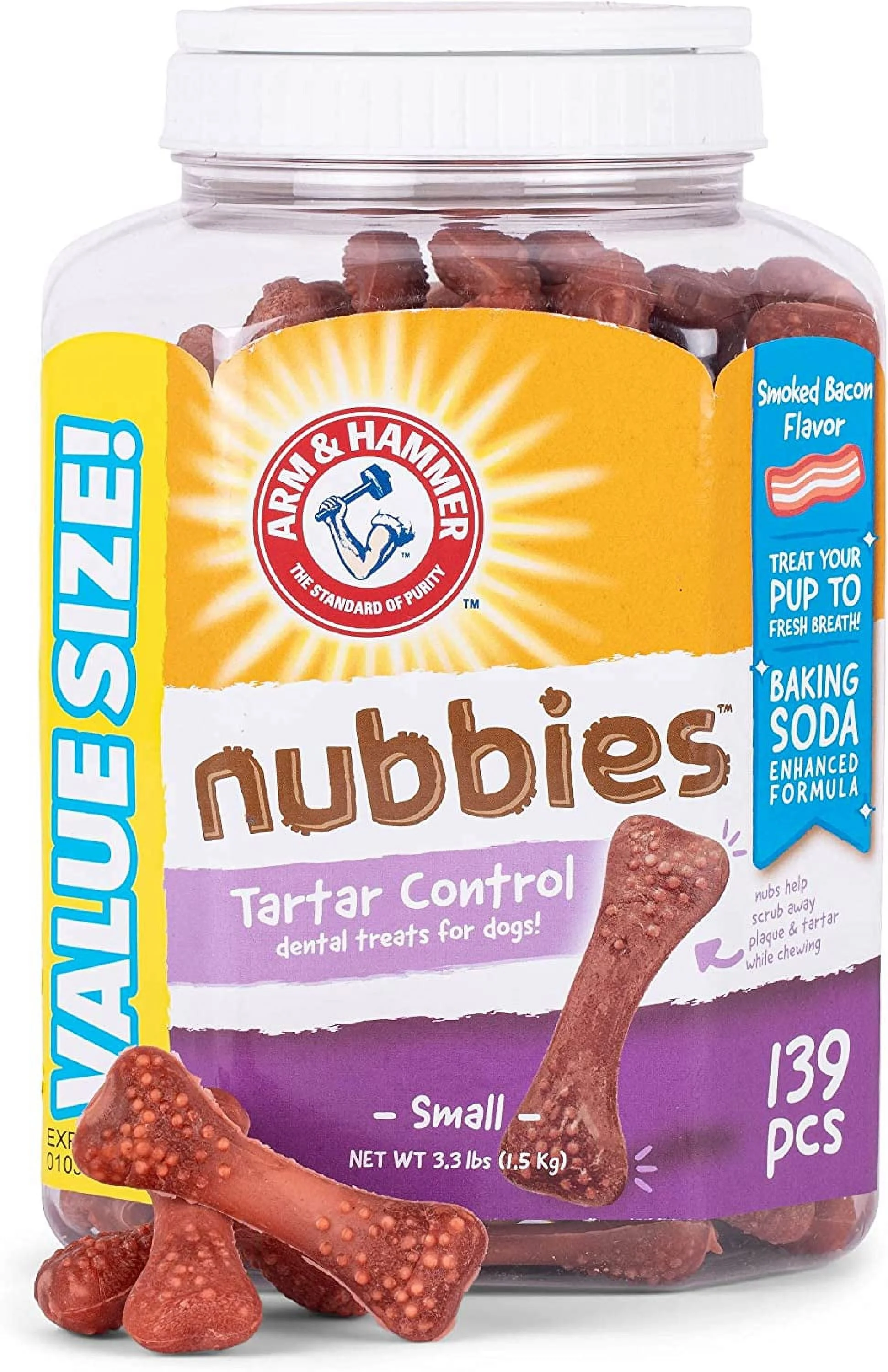 Arm & Hammer for Pets Nubbies Dental Treats for Dogs | Dental Chews Fight Bad Breath, Plaque & Tartar Without Brushing | Bacon Flavor Value Bucket, 139 Pcs
