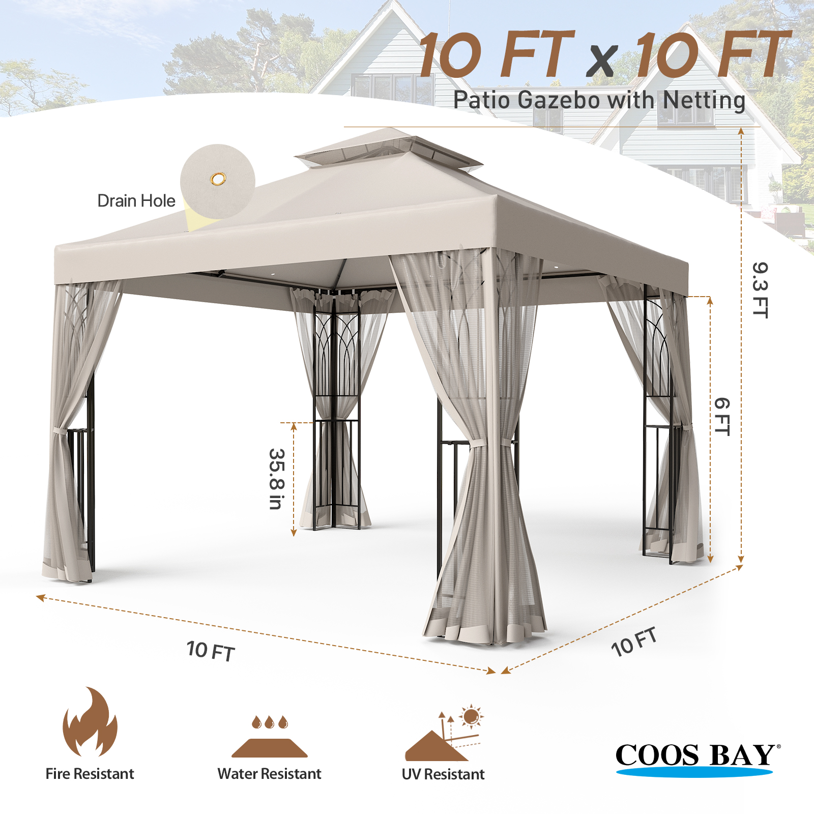 COOS BAY 10x10 Outdoor Patio Gazebo with Mosquito Netting and Corner Shelves, Two-Tier Soft Top Canopy for Backyard, Lawn, Deck and Garden, Beige