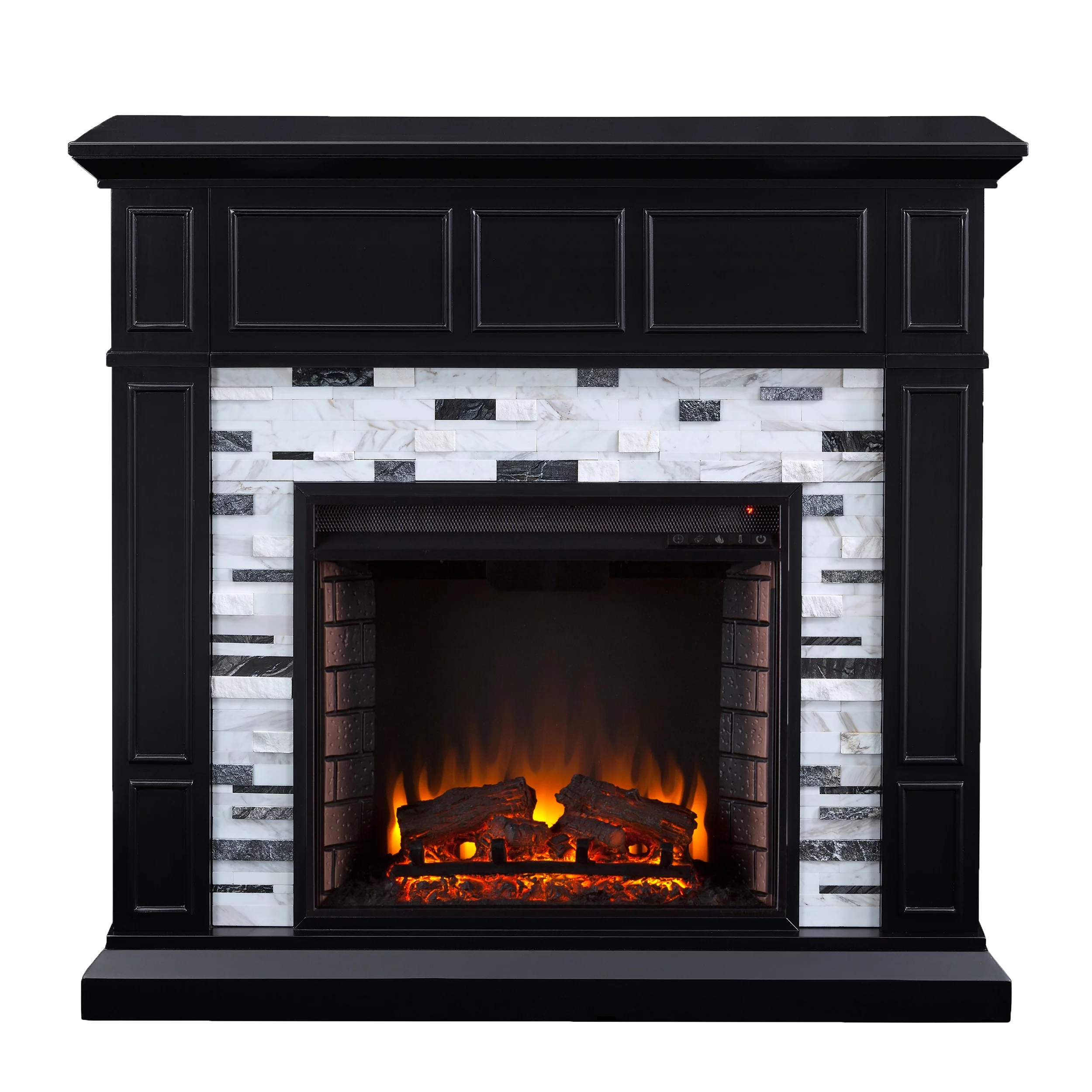 SEI Furniture Frescan Freestanding Marble Electric Fireplace in Black with White and Gray Marble
