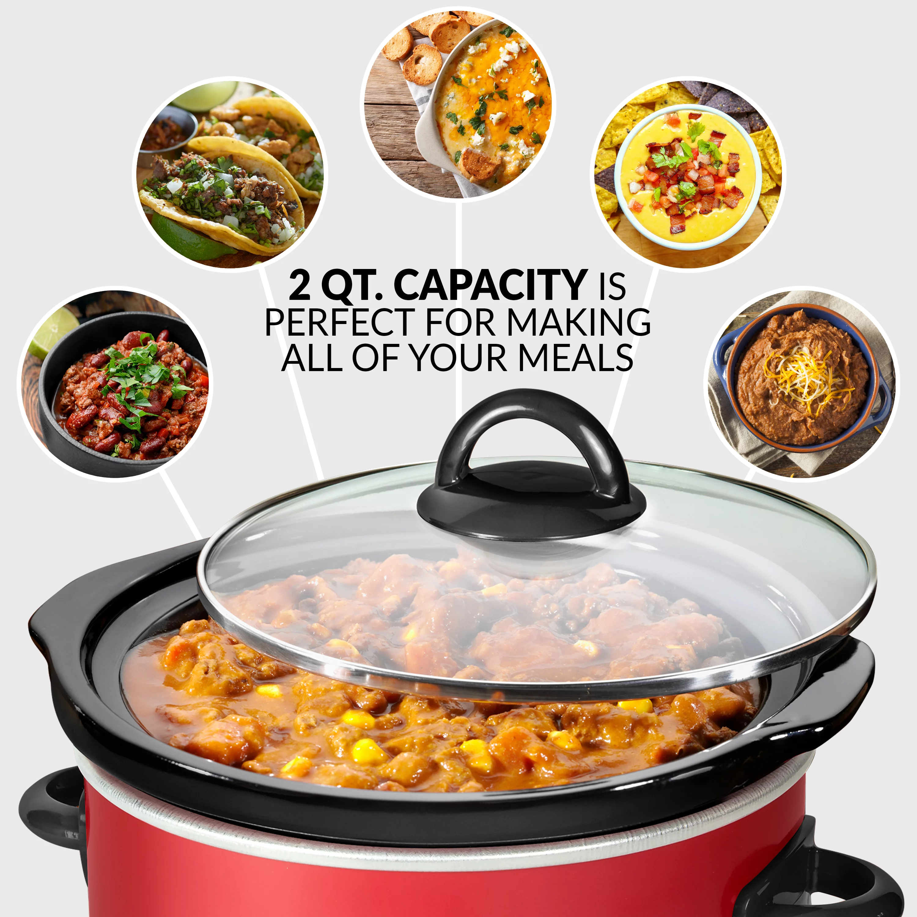Taco Tuesday TTRDP2RD 2-Quart Fiesta Slow Cooker With Tempered Glass Lid, Cool-Touch Handles, Removable Round Ceramic Pot