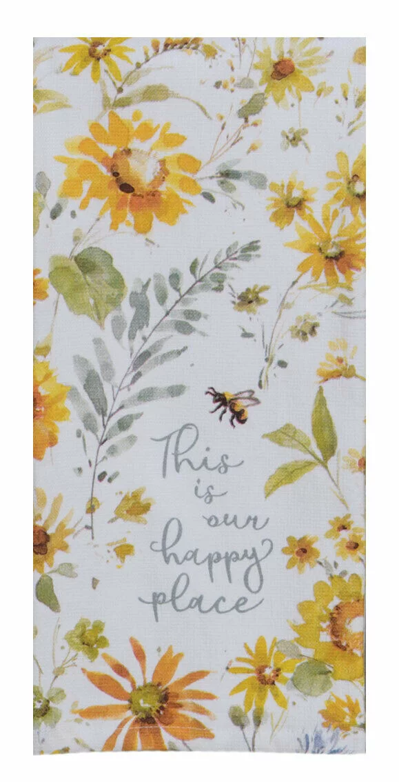 Set of 2 Sunflowers OUR HAPPY PLACE Terry Kitchen Towels by Kay Dee Designs