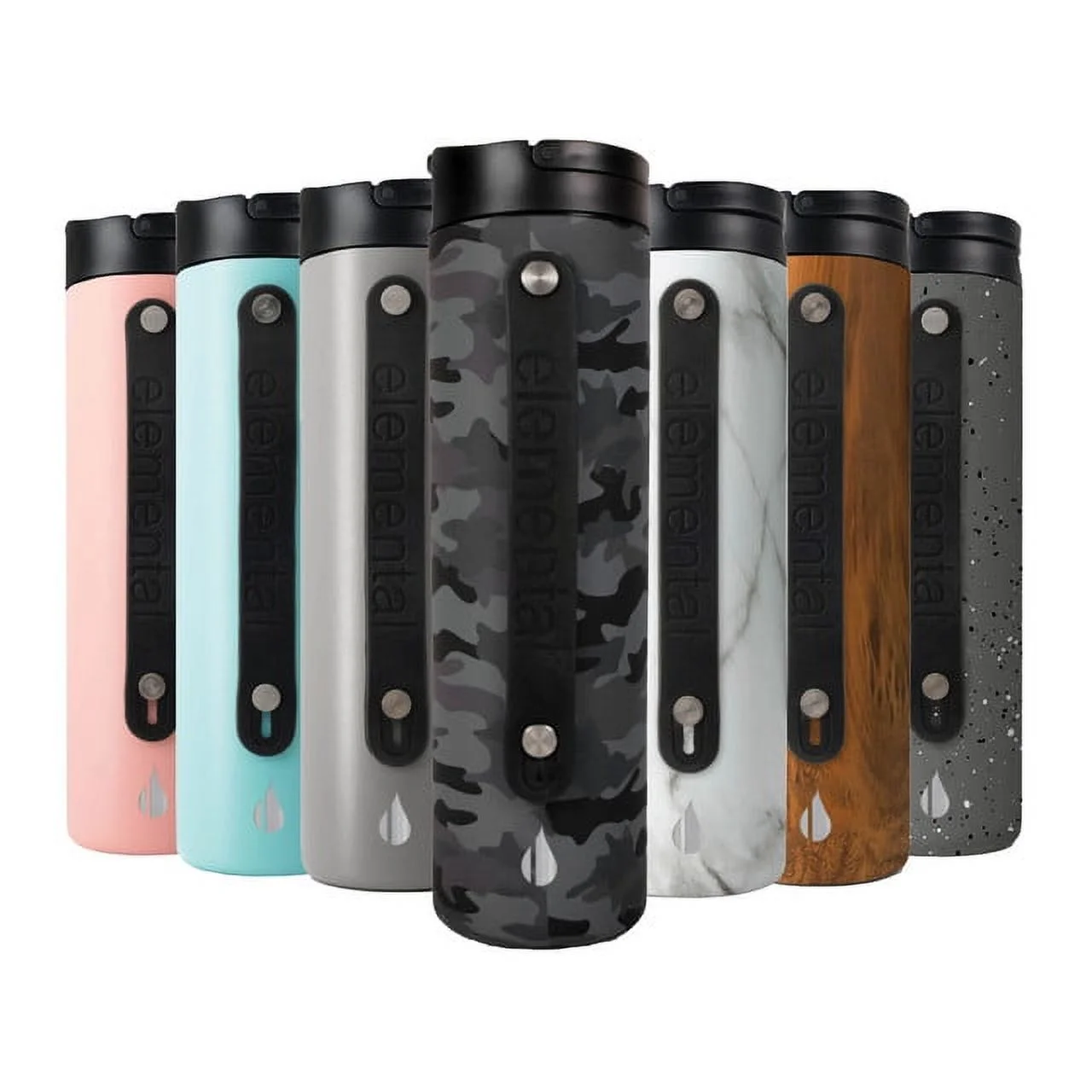 Elemental Iconic Triple Wall Vacuum Insulated Water Bottle with Straw & Sports Lid, Stainless Steel Metal Water Bottle for Gym, Travel, & Sports, Slim Reusable Leak Proof Flask, 20oz - Black Camo