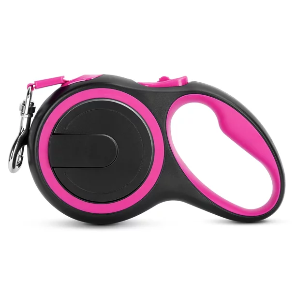 UrbanX Retractable Dog Leash for Standard Schnauzer and other Medium Working Dogs with Anti-Slip Handle. 15ft Strong Nylon Tape; One-Handed Brake, Pause, Lock - Pink