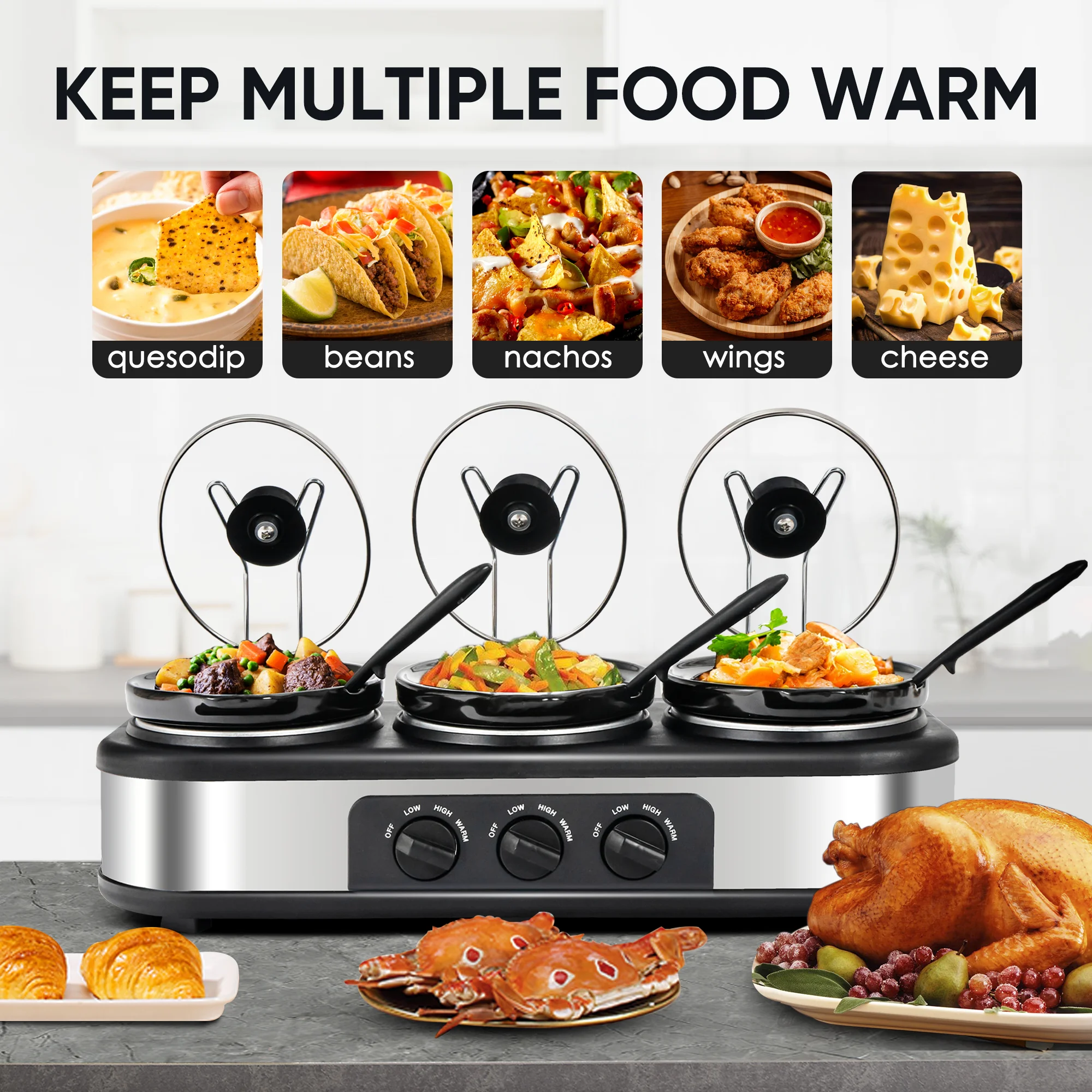 CozyHom 3-Pot Electric Slow Cooker, 4.5 Qt Food Warmer Pot with Adjustable Temp Removable Pots Lid Rests Pot, Black