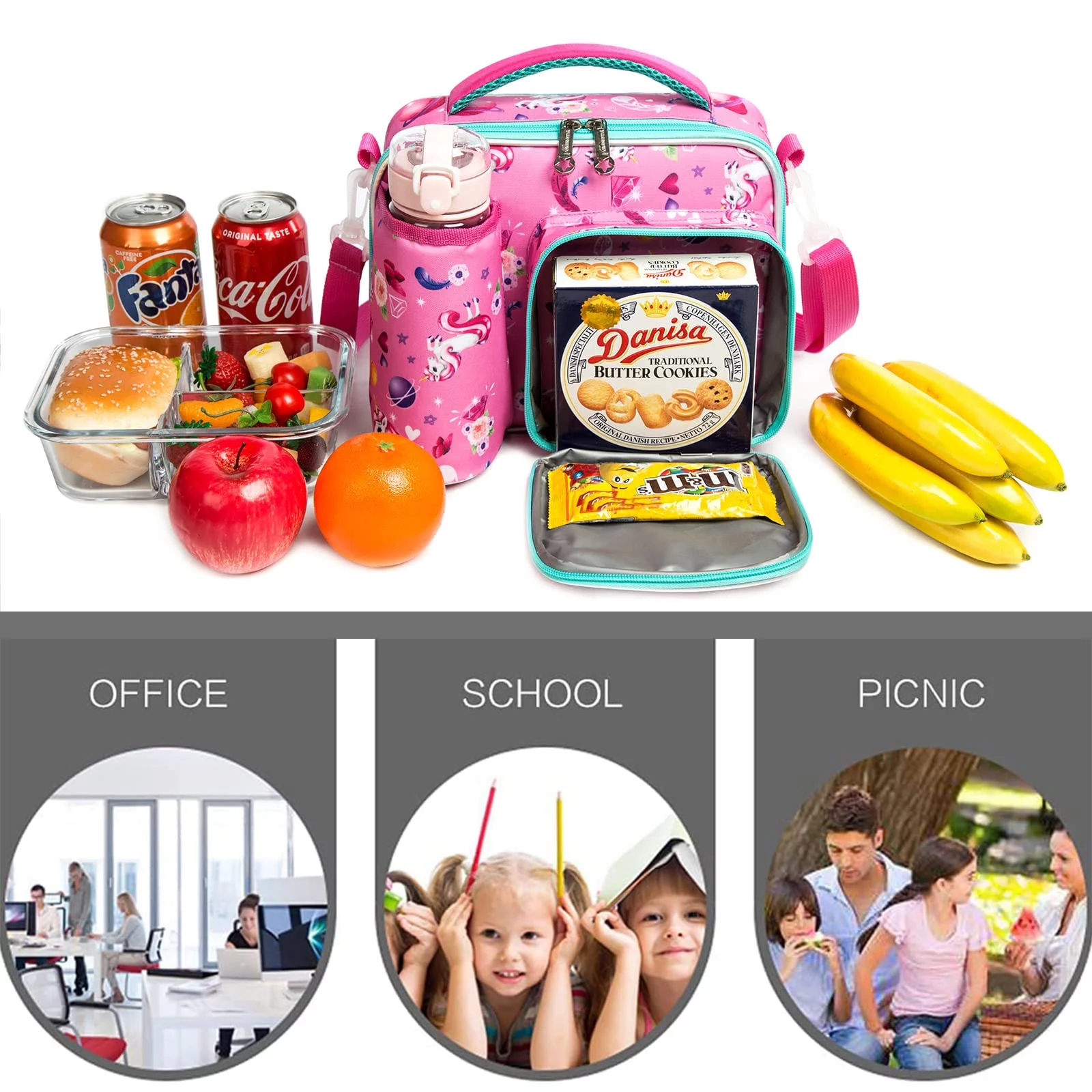 Kids Lunch Bag Insulated Cooler Tote Bag with Bottle Holder,3 Compartments Lunchbox Bag for Boys Girls School Travel,Pink Unicorn