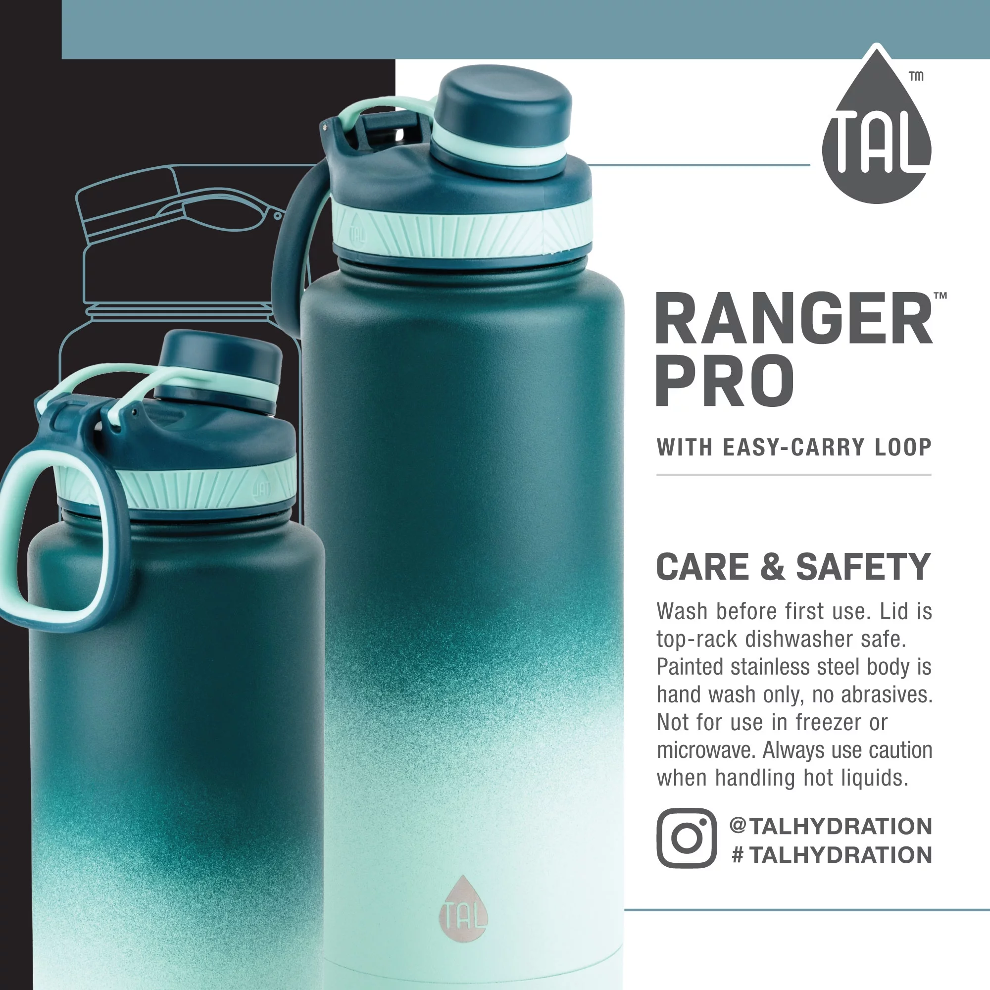 TAL Stainless Steel Ranger Water Bottle 40oz, Ombre Green