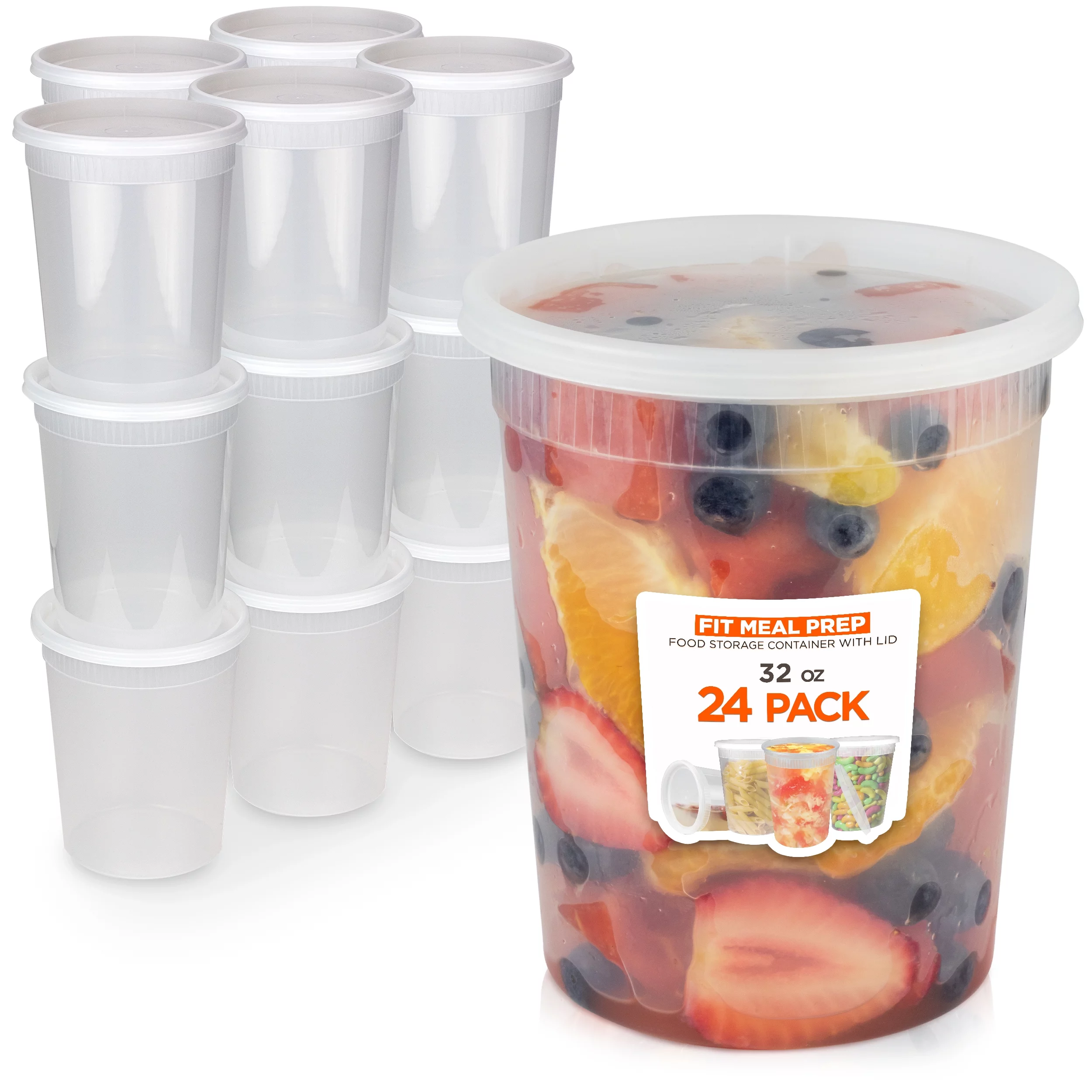 Fit Meal Prep 24 Pack 32 oz Deli Containers with Lids, US Made Airtight Leakproof Plastic Soup Container, Round Clear Quart Food Storage Containers for Takeout Restaurant, Microwave Freezer Safe