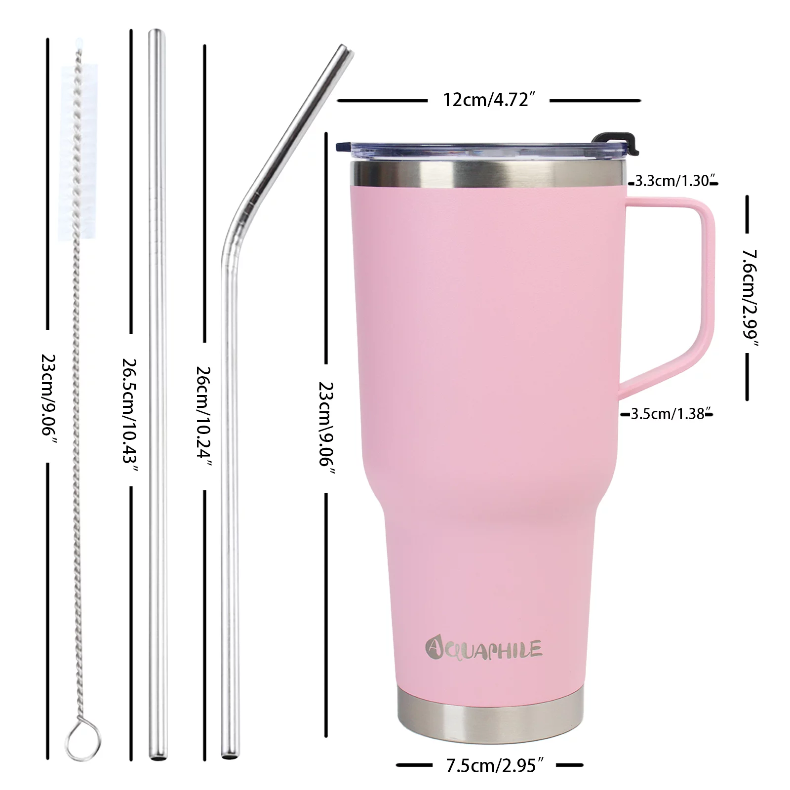 AQUAPHILE 40oz Tumbler with Handle, Double Walled Insulated Coffee Cup with Leak-proof Lid and Straw, Stainless Steel Travel Mug for Hot or Cold Drinks(Pink)