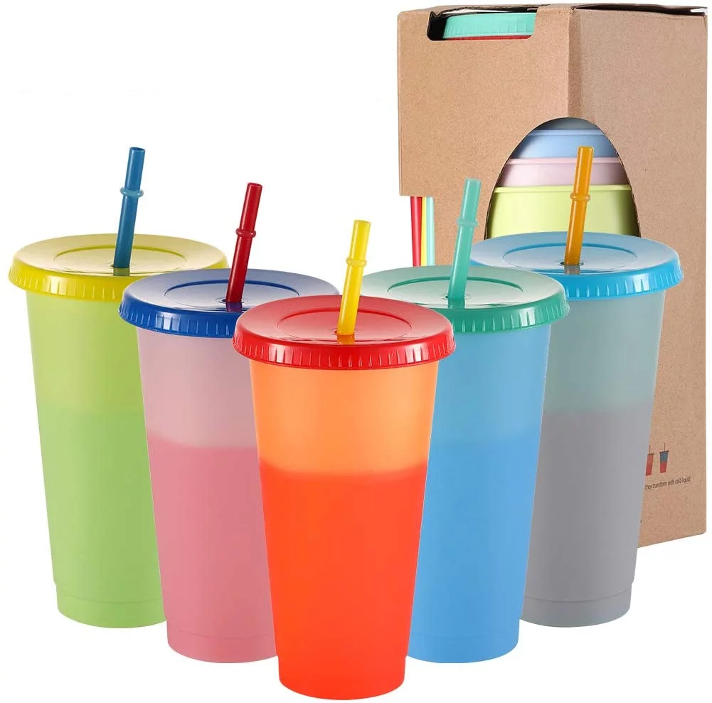 Artrylin Color Changing Plastic Tumblers- Color Changing Cups Cold Drink Cups with Lids and Straws- 5 Pcs Reusable Color Changing Cold Drink Cups- 24 oz Summer Coffee Tumblers (5 Darker Reusable Cups)
