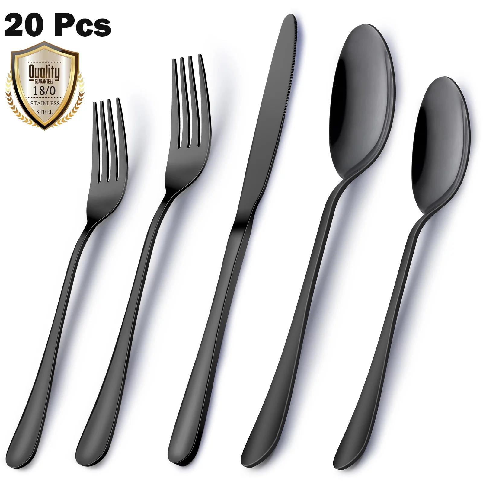 20-Piece Silverware Set, Stainless Steel Flatware Set Service for 4, MHKJP Tableware Cutlery Set for Home and Restaurant, Knives Forks Spoons, Mirror Polished, Dishwasher Safe (Black)