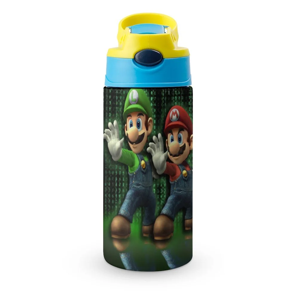 Mario Luigi's Mansion Bros Kid's Insulated Water Bottle With Straw Vacuum Stainless Steel Cup Leak-Proof Children Toddler Thermoses