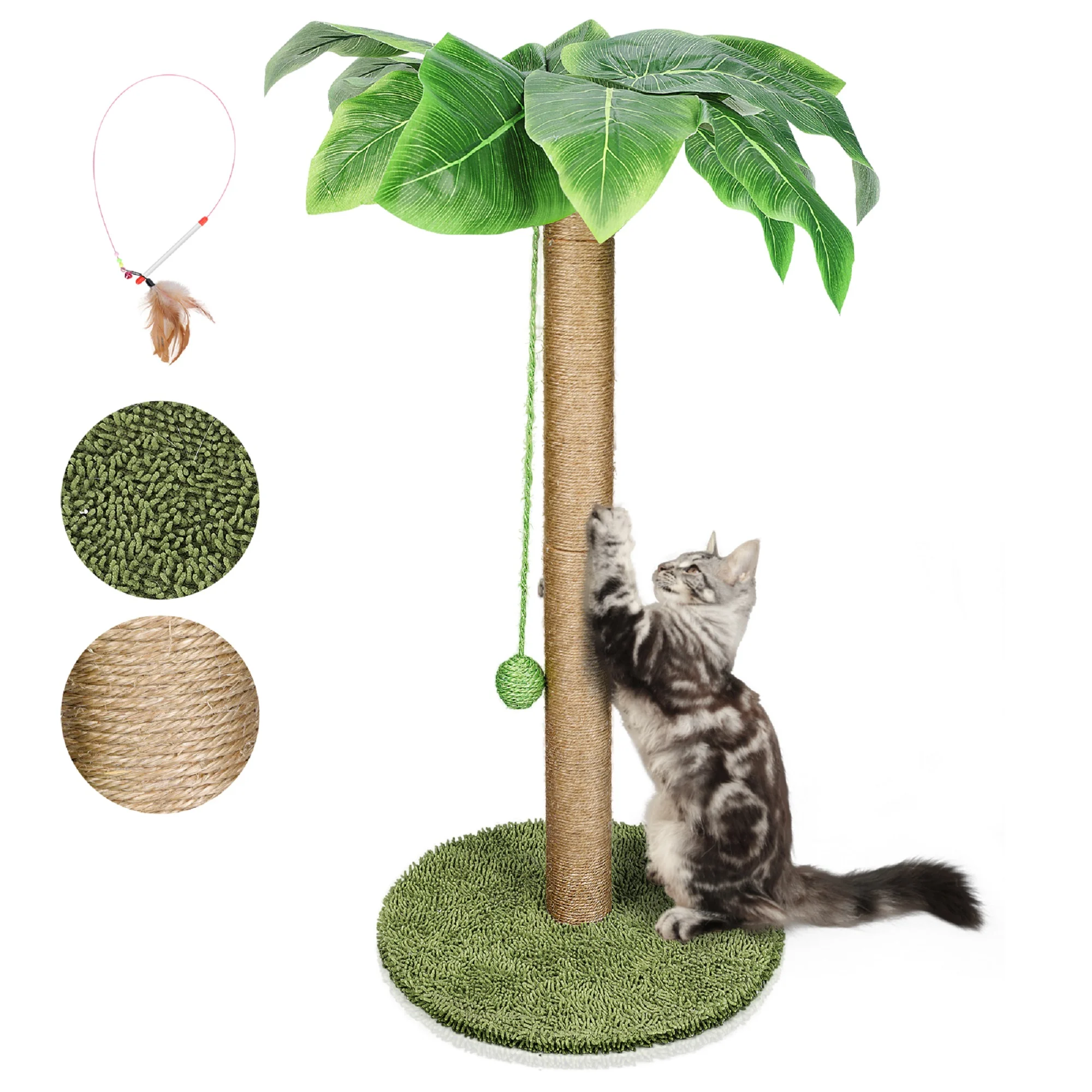 34'' Cat Scratching Post,Coconut Palm Cat Scratcher for Indoor Cats with Sisal Balls, Green