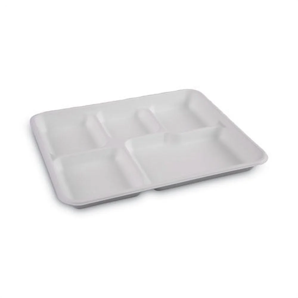 Bagasse Dinnerware, 5-Compartment Tray, 10 x 8, White, 500/Carton | Bundle of 2 Cartons