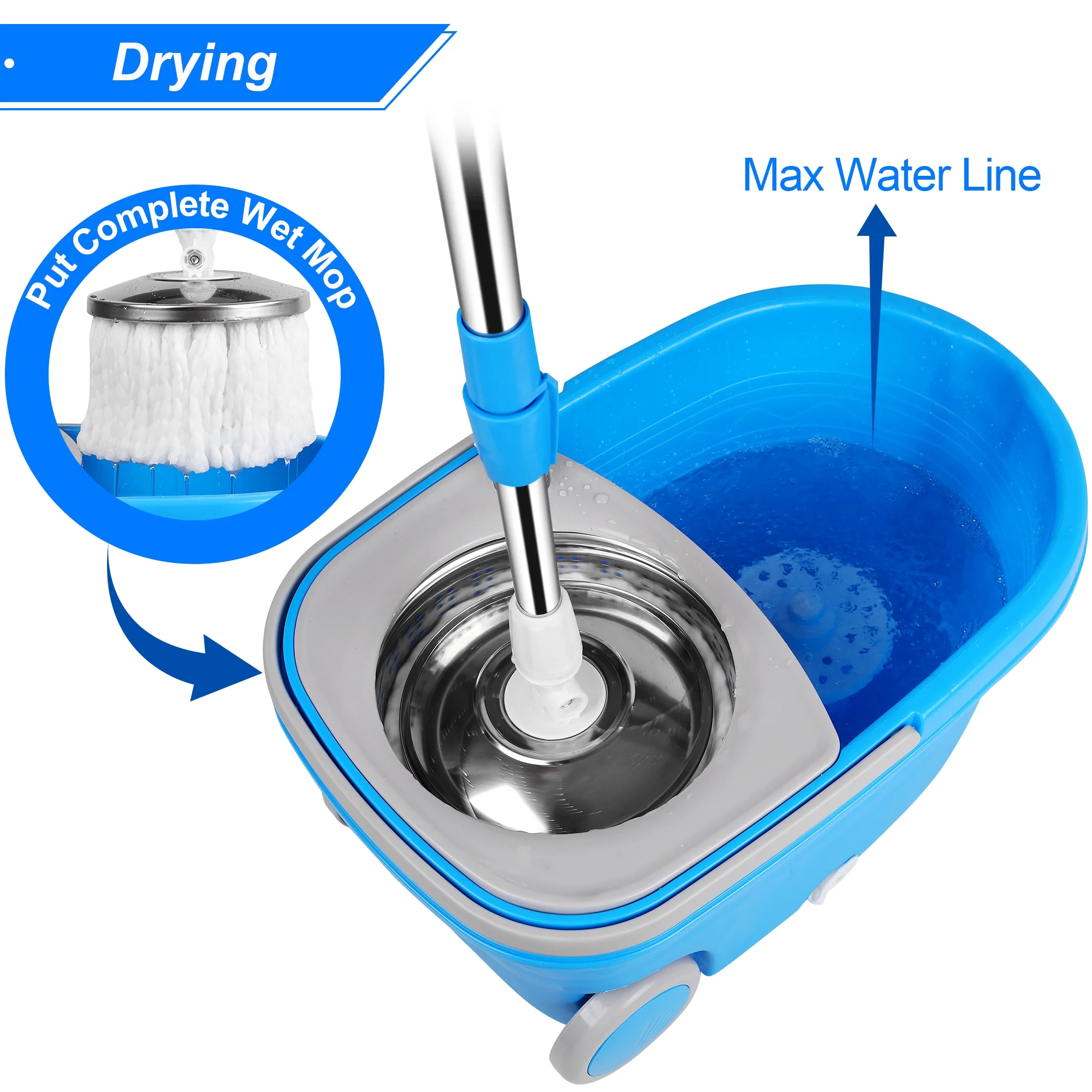 Spin Mop and Bucket with Wringer Set on Wheels, Mop and Bucket with 3 Microfiber Mop Head Refills, Stainless Steel 61