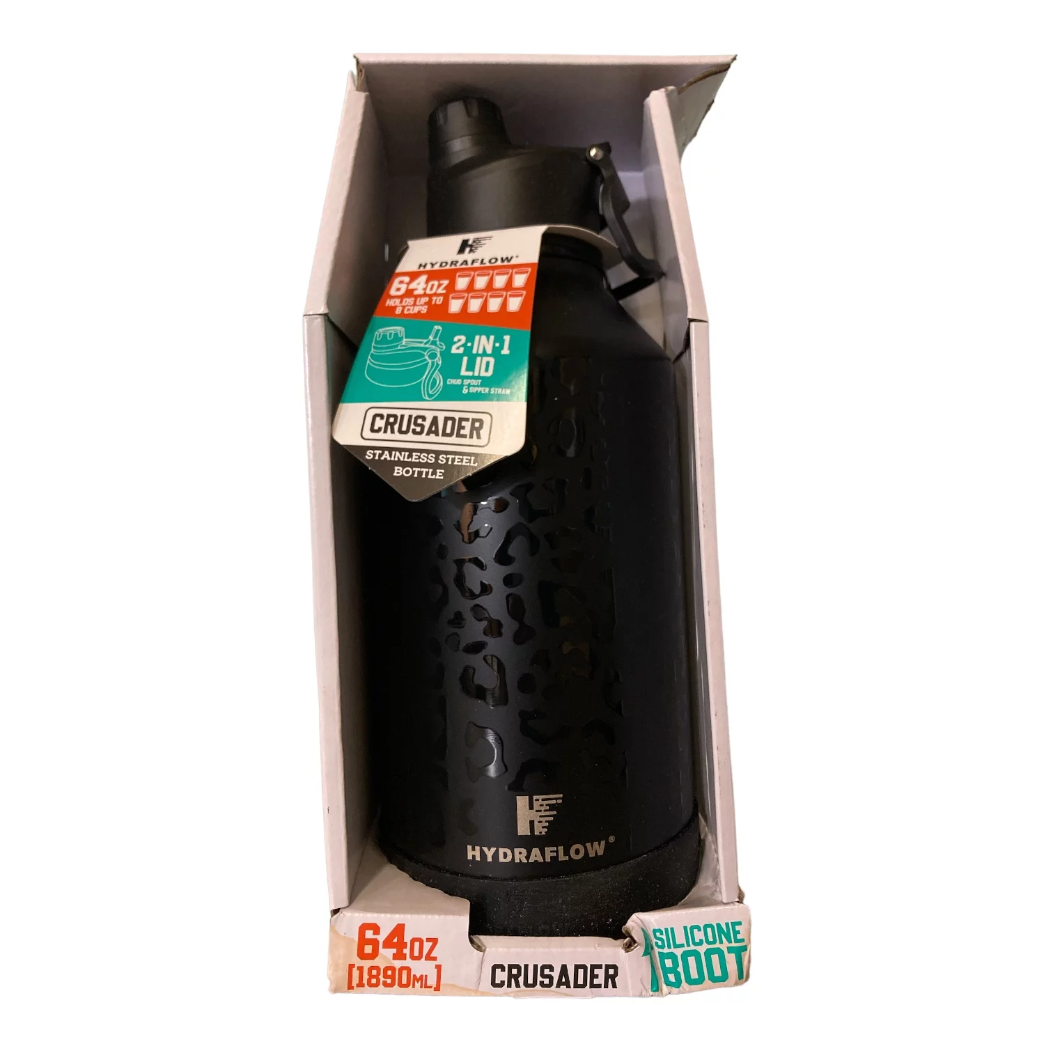 Hydraflow Triple Walled Stainless Steel Crusader Bottle, 64Oz (Black Leopard)