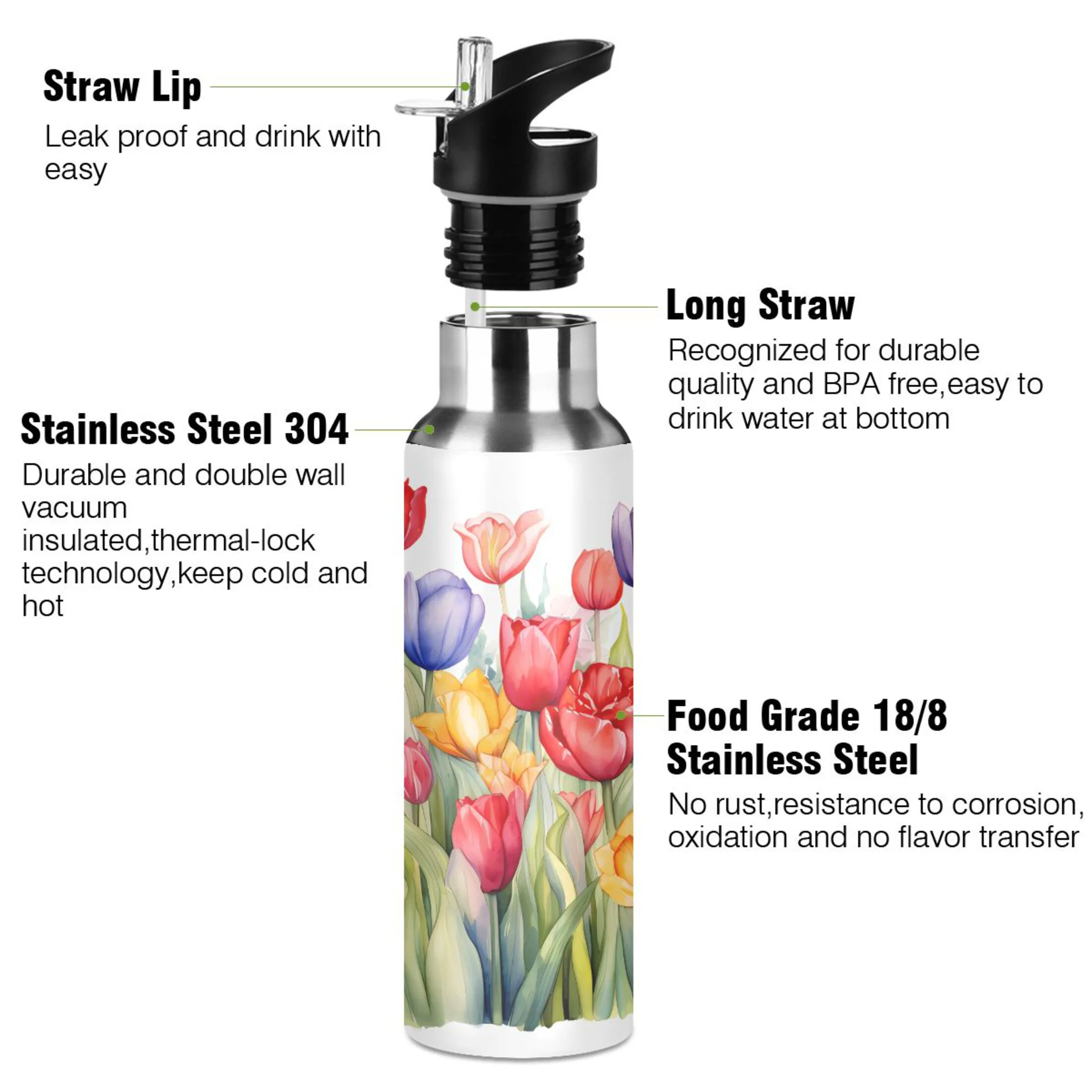 Water Bottle with Straw Lid Leak Flowers with Green Stainless Steel Insulated Thermos Vacuum Flask for Cold Hot Drinking for Sports Camping Gym Yoga