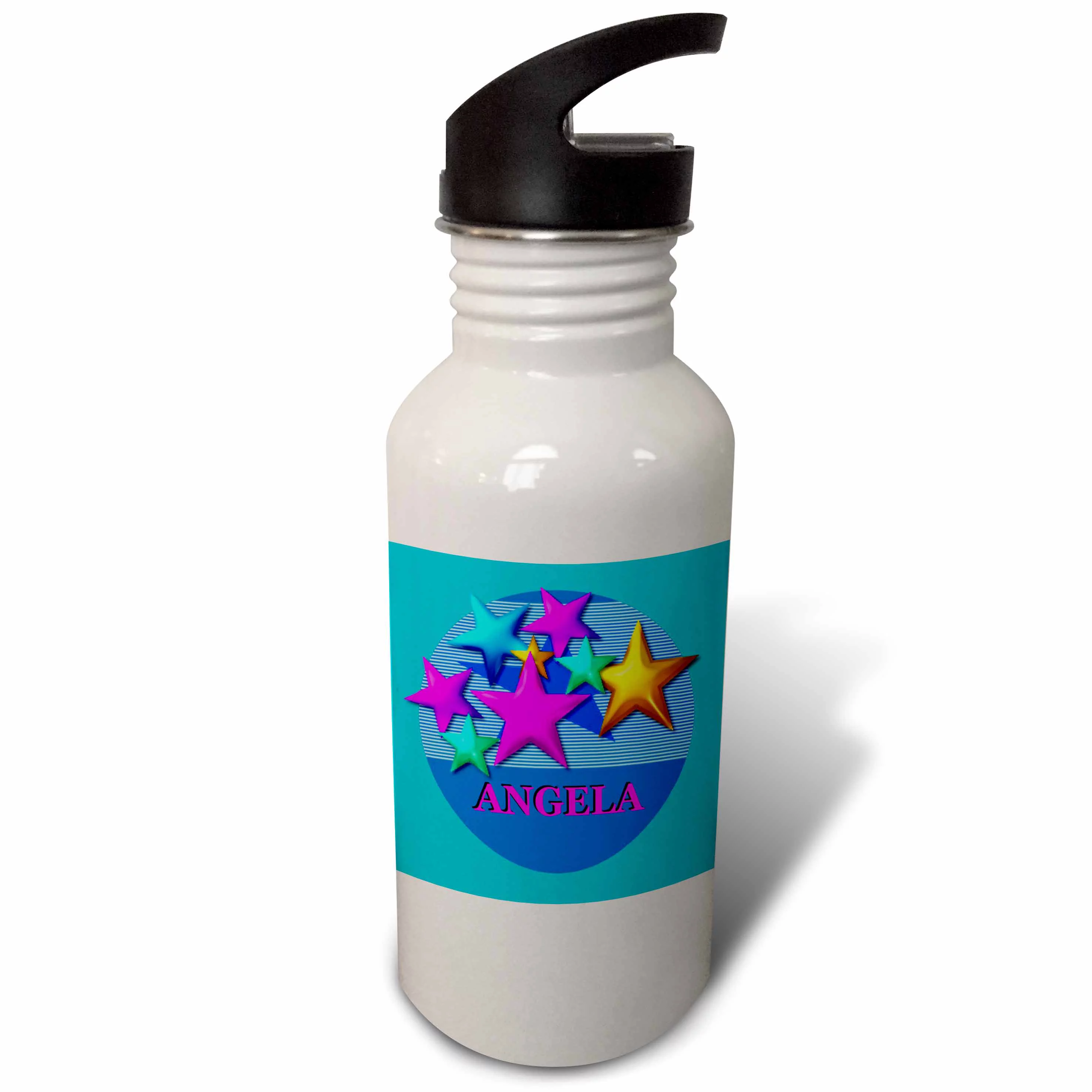Vibrant colored stars on a blue background personalized with the name ANGELA 21 oz Sports Water Bottle wb-52931-1
