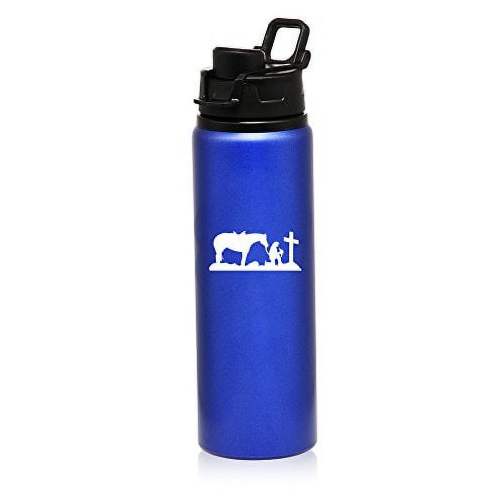 25 oz Aluminum Sports Water Travel Bottle Cowgirl Praying Cross Horse (Blue)
