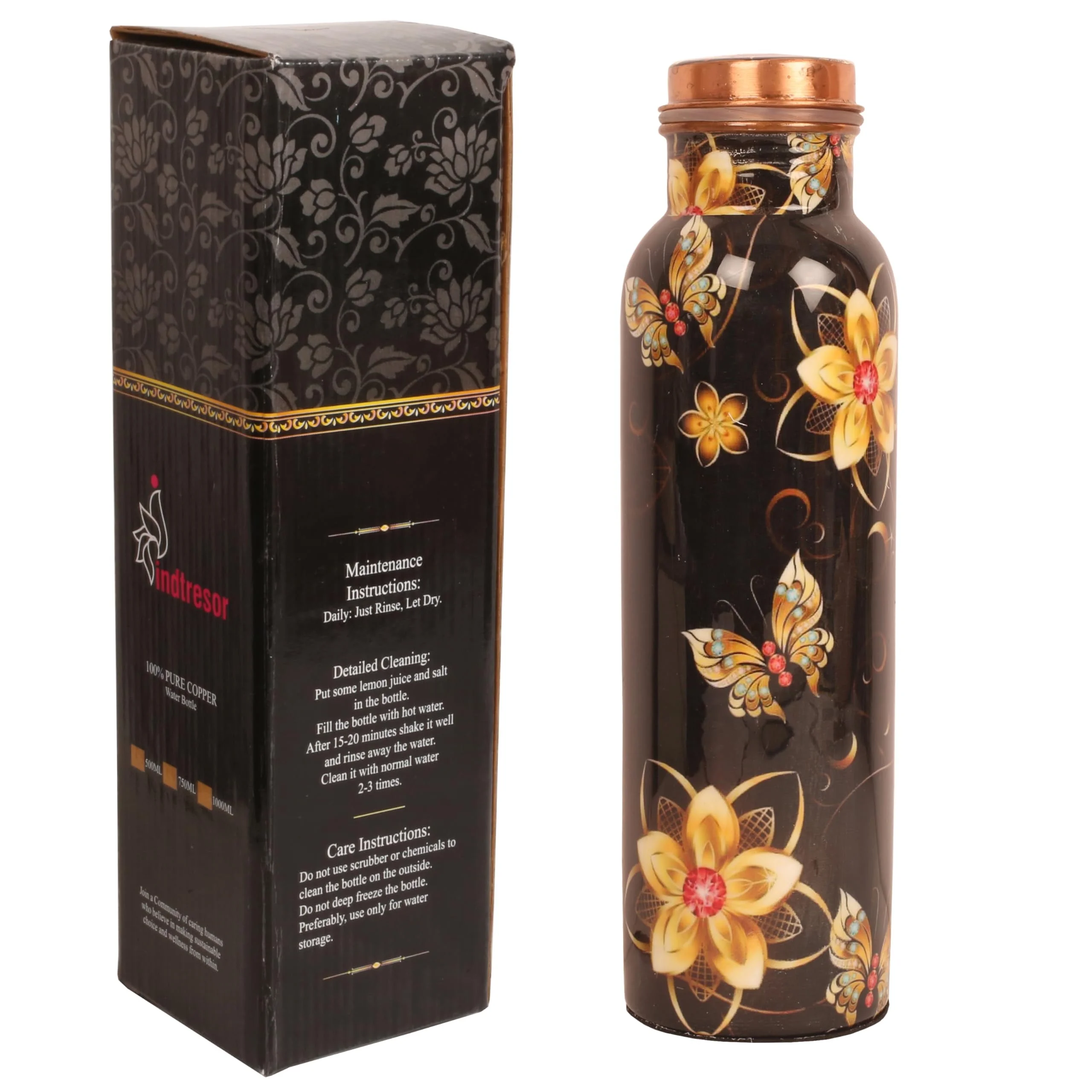 Indtresor Pure Copper Water Bottle - Handcrafted - Ayurveda health benefits - Large 35 oz - Leak proof - Easy to carry for Sports, Fitness, Yoga, School - Black Base Floral Textured Colorful Enamel