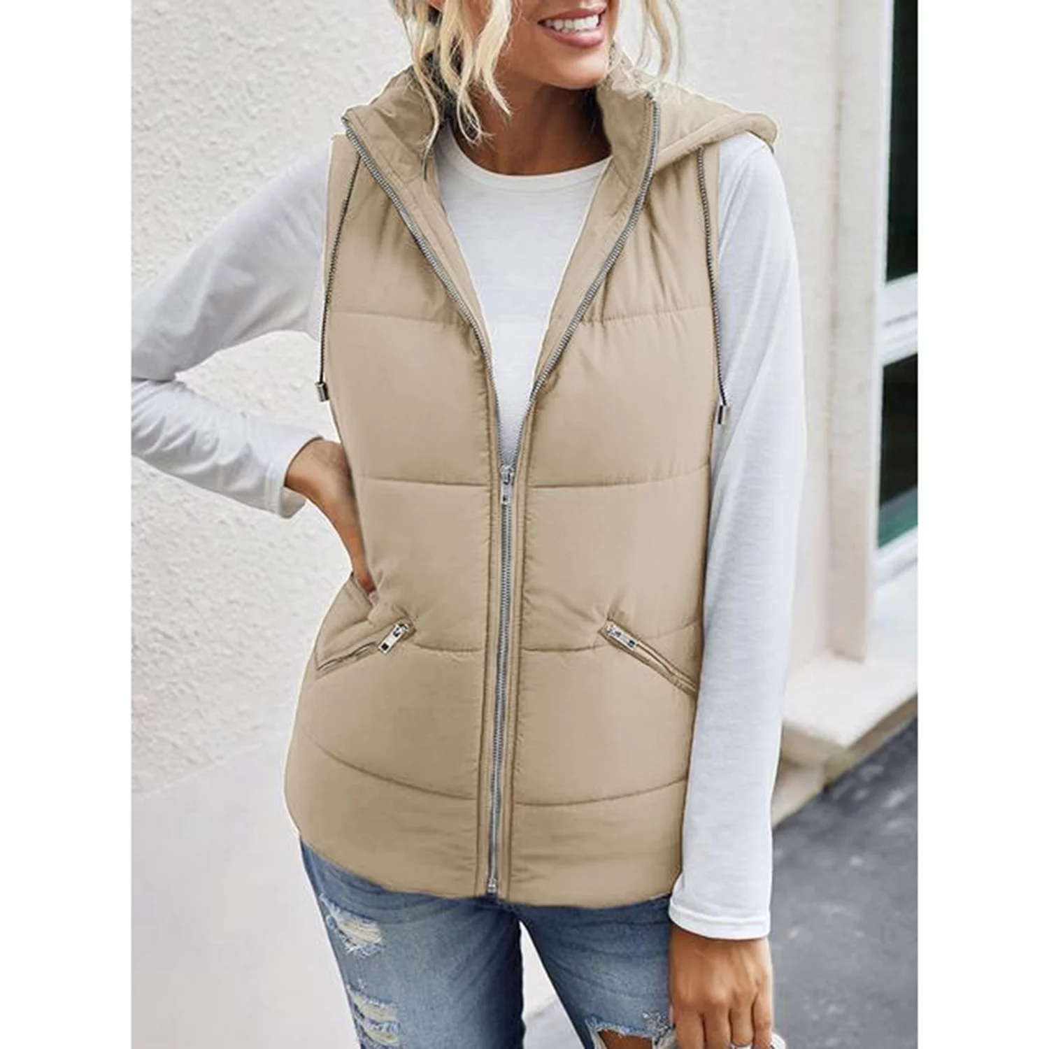 Mafulus Women's Lightweight Hooded Outwear Vest Stand Collar Zip Padded Sleeveless Coat With Pockets