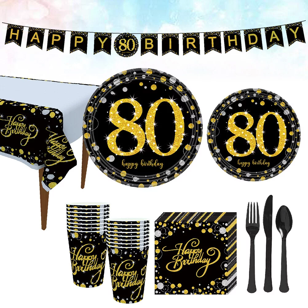 NUOLUX Birthday 80Th Party Banner Happy Tableware Set 80 Paper Plate Garland Napkins Supplies Favors