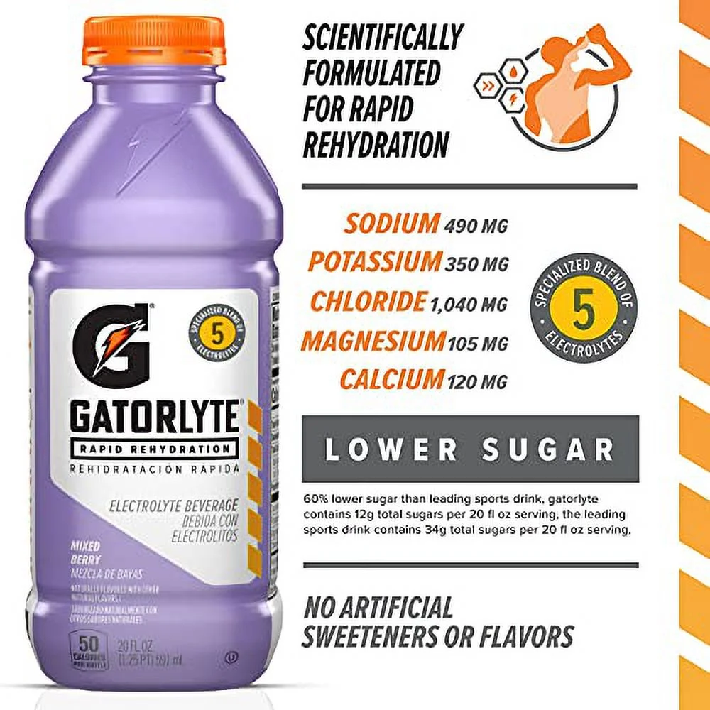 Gatorlyte Rapid Rehydration Electrolyte Beverage, Mixed Berry, 20Oz Bottles (12 Pack)
