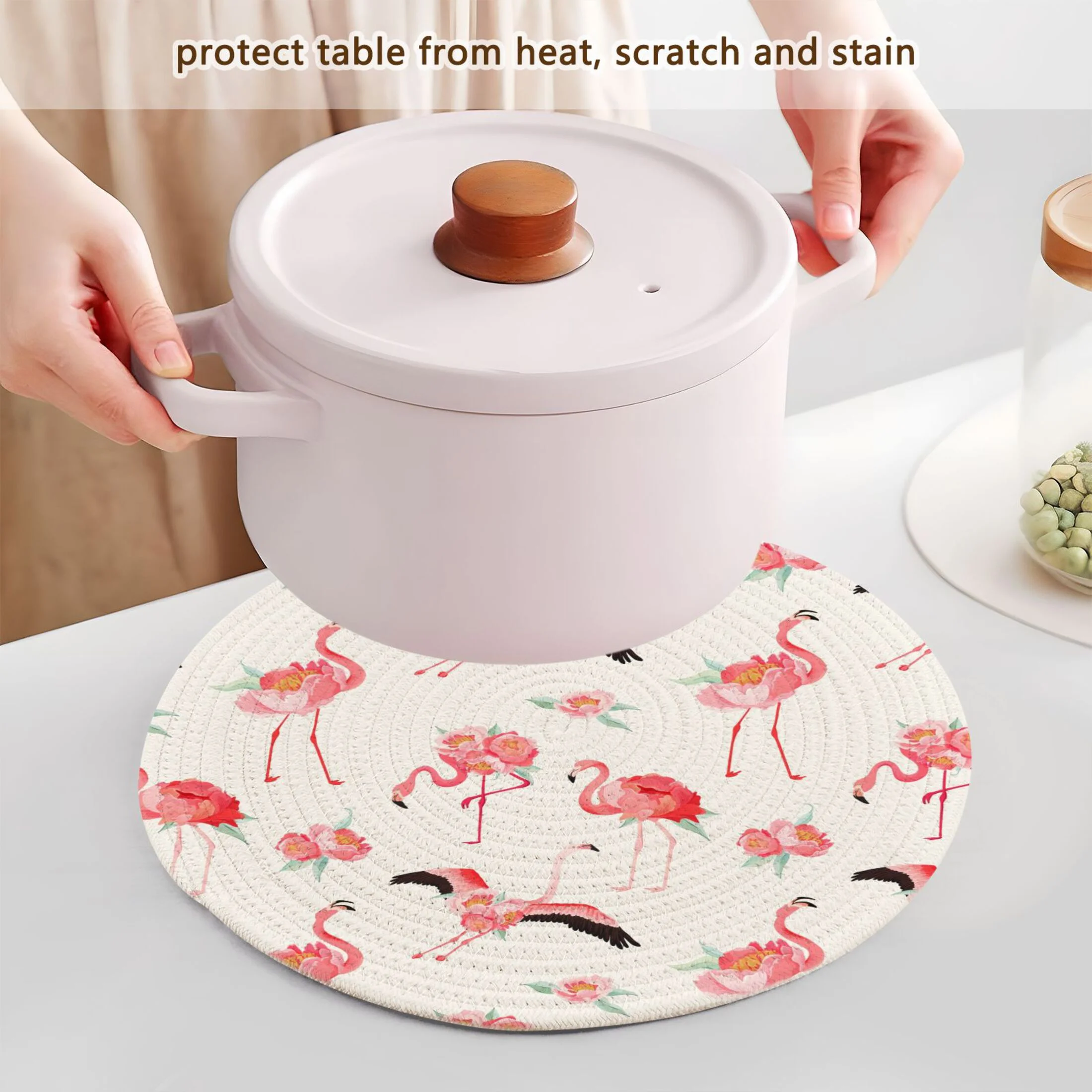 Tropical Flamingo with Peony Flowers 3 PCs Pot Holders Trivets Kitchen 15