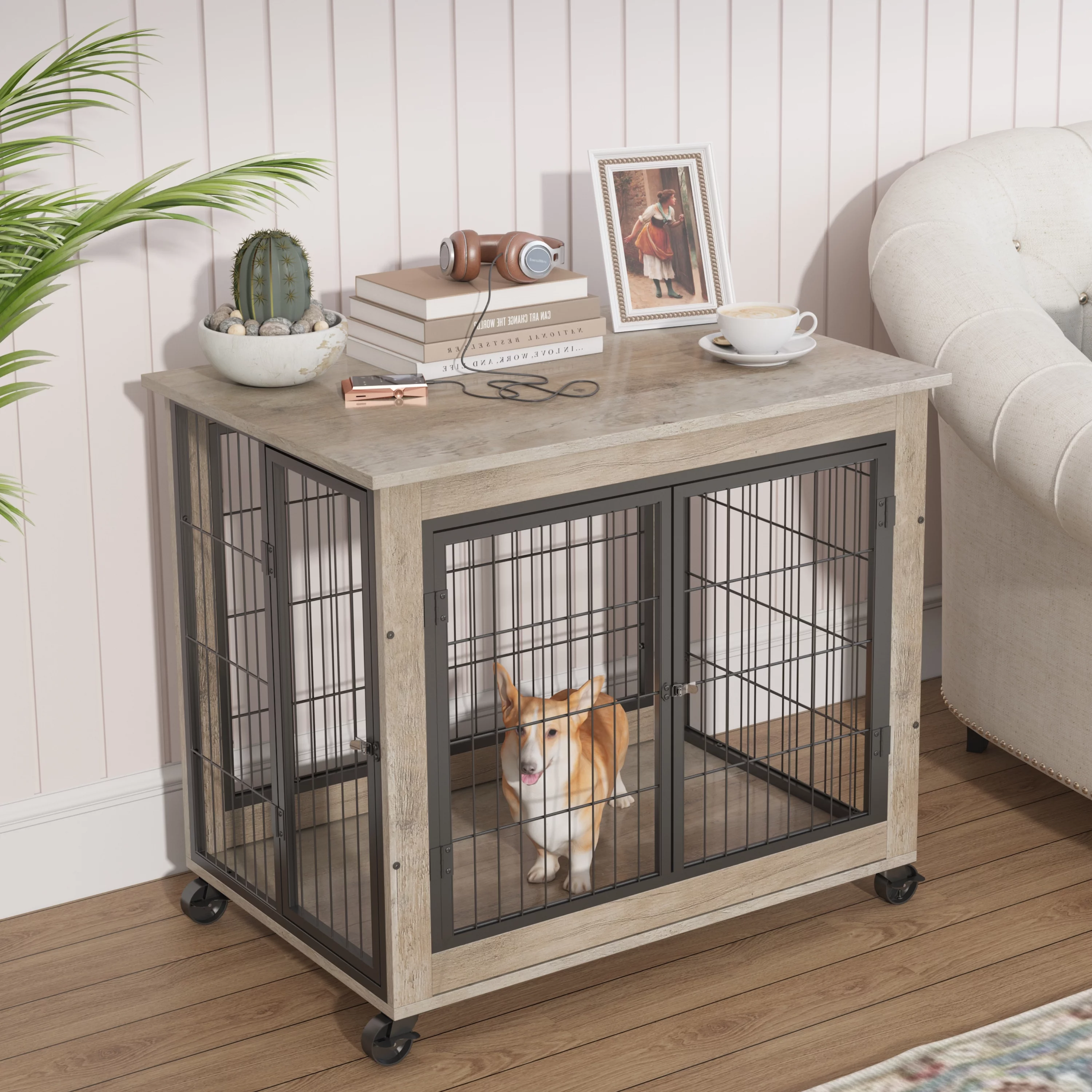 KEHOMY Furniture Dog Cage Crate with Double Doors on Casters. Rustic Brown,31.50'' W x 22.05'' D x 24.8'' H