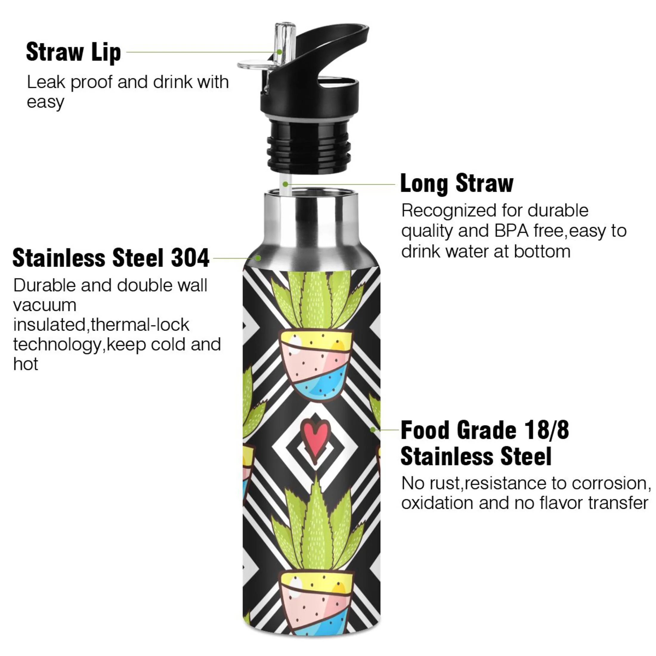 Water Bottle with Straw Lid Leak Cactus Pattern Stainless Steel Insulated Thermos Vacuum Flask for Cold Hot Drinking for Sports Camping Gym Yoga