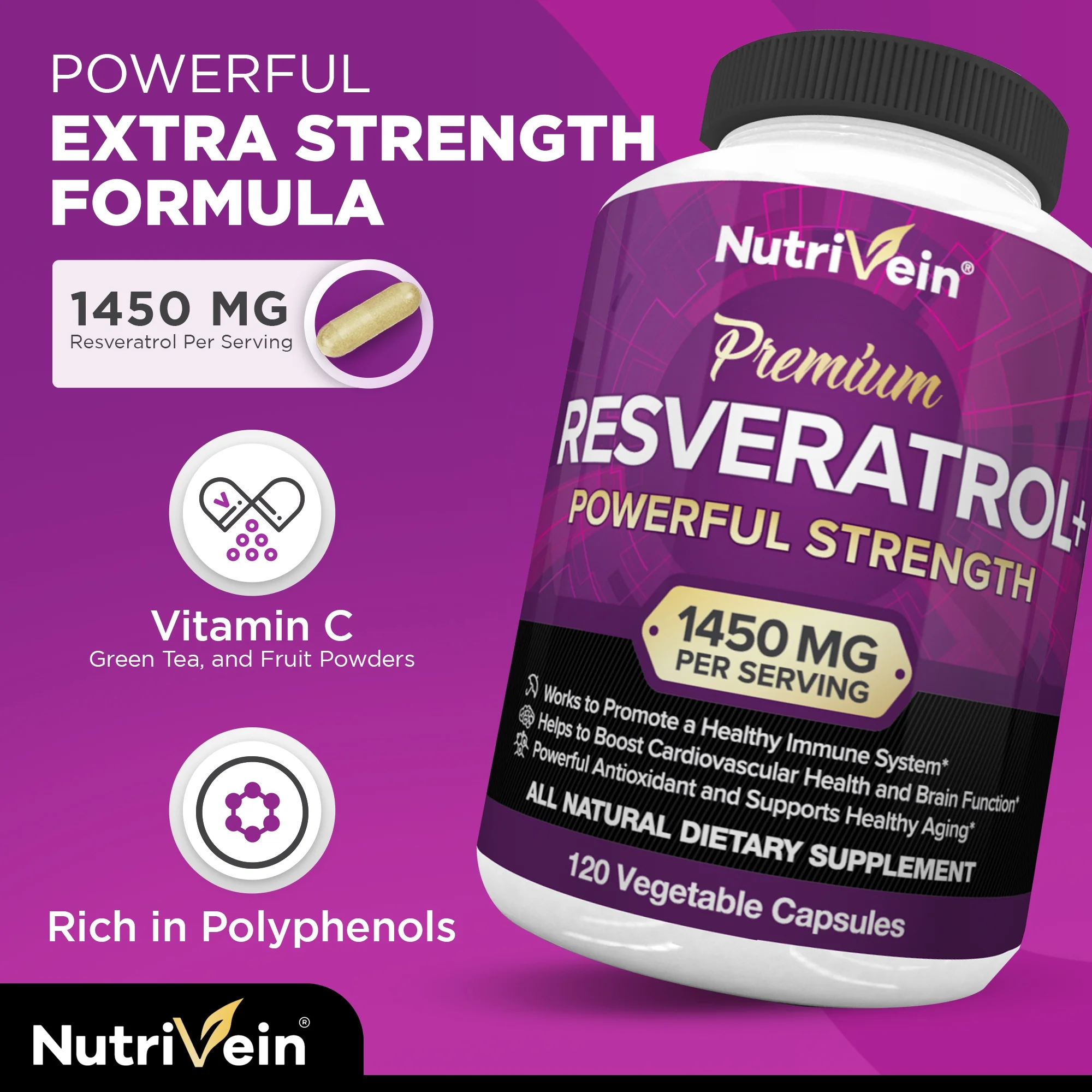 Nutrivein Resveratrol 1450mg - Anti Aging Antioxidant Supplement 120 Capsules