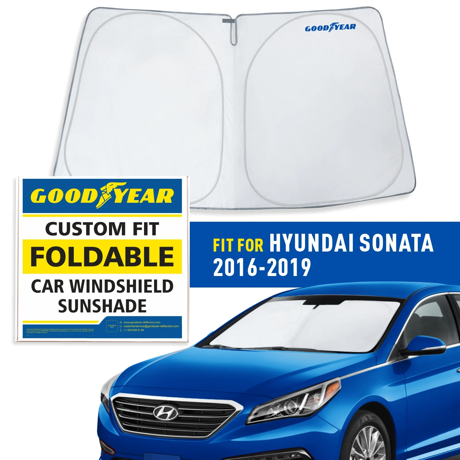Goodyear Foldable Windshield Sun Shade for Hyundai Sonata 2016-2019, Custom-Fit Car Windshield Cover, Car Sunshade, Vehicle Sun Protector, Auto Car Window Shades for Front Window - GY008273
