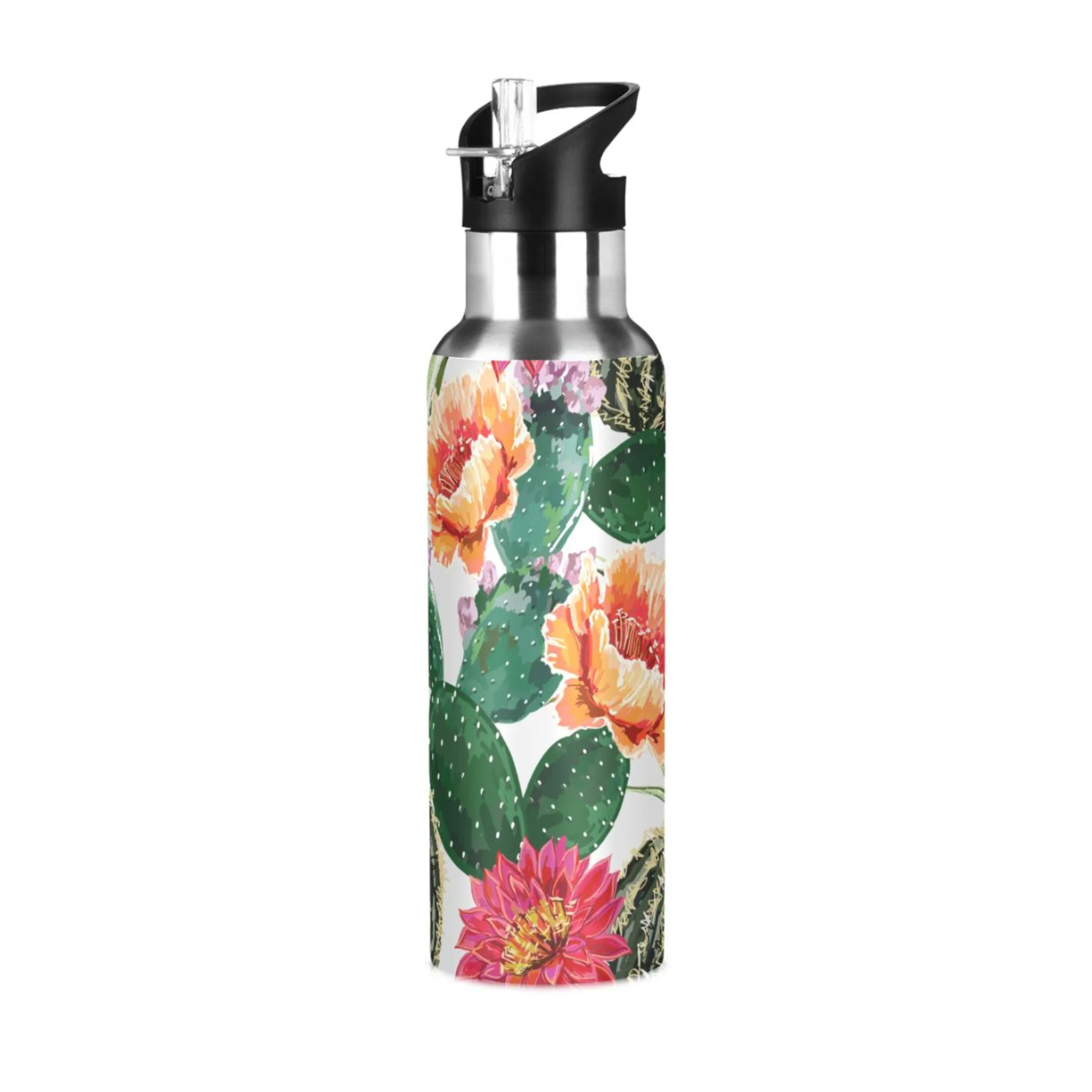 Water Bottle with Straw Lid Leak Flowers and Green Cactus Stainless Steel Insulated Thermos Vacuum Flask for Cold Hot Drinking for Sports Camping Gym Yoga