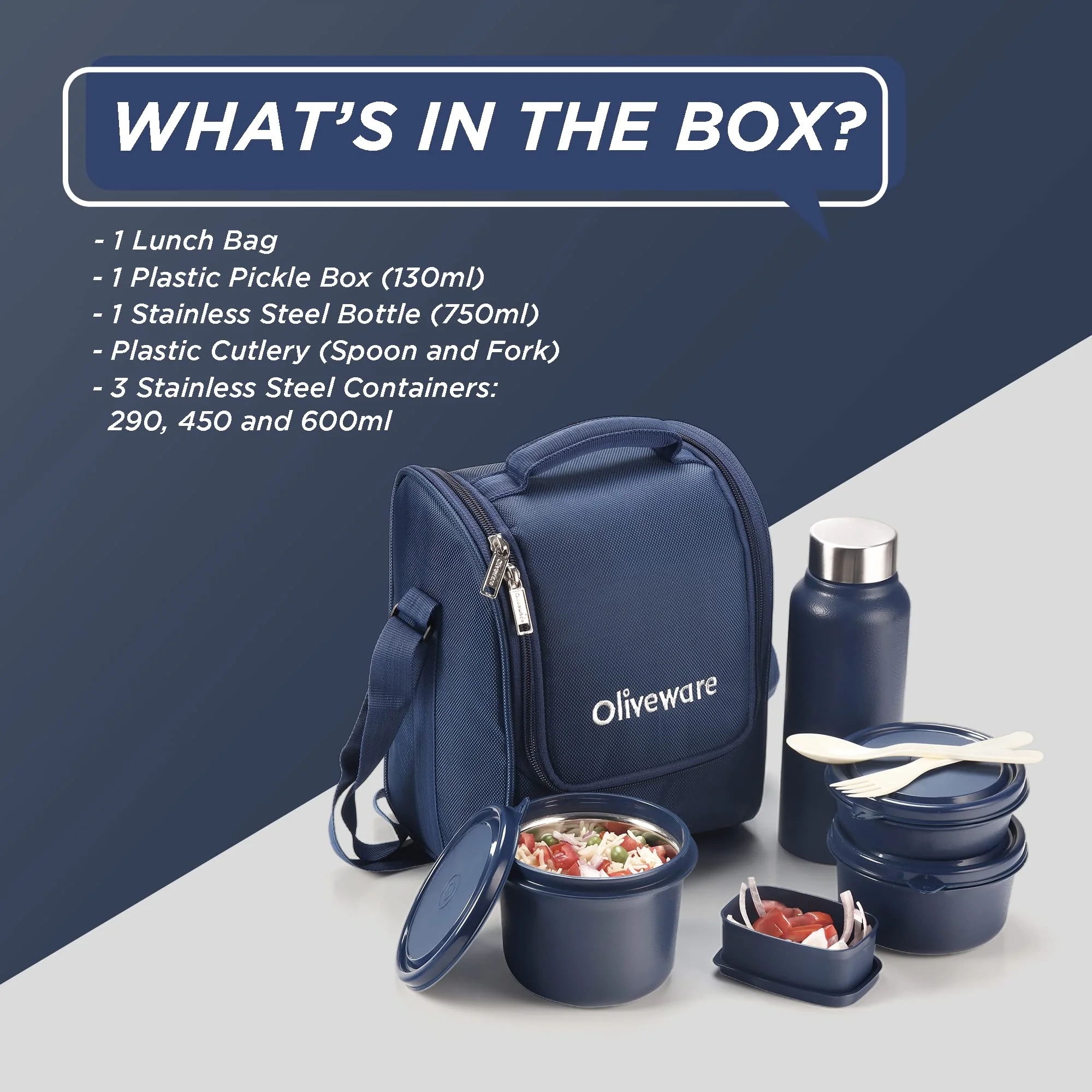 Sopl-Oliveware Teso Lunch Box With Plastic Cutlery,3 Microwave Safe Inner Steel Containers With Bpa Free Lids(290Ml,450Ml&600Ml)Plastic Pickle Box(130Ml)Steel Water Bottl