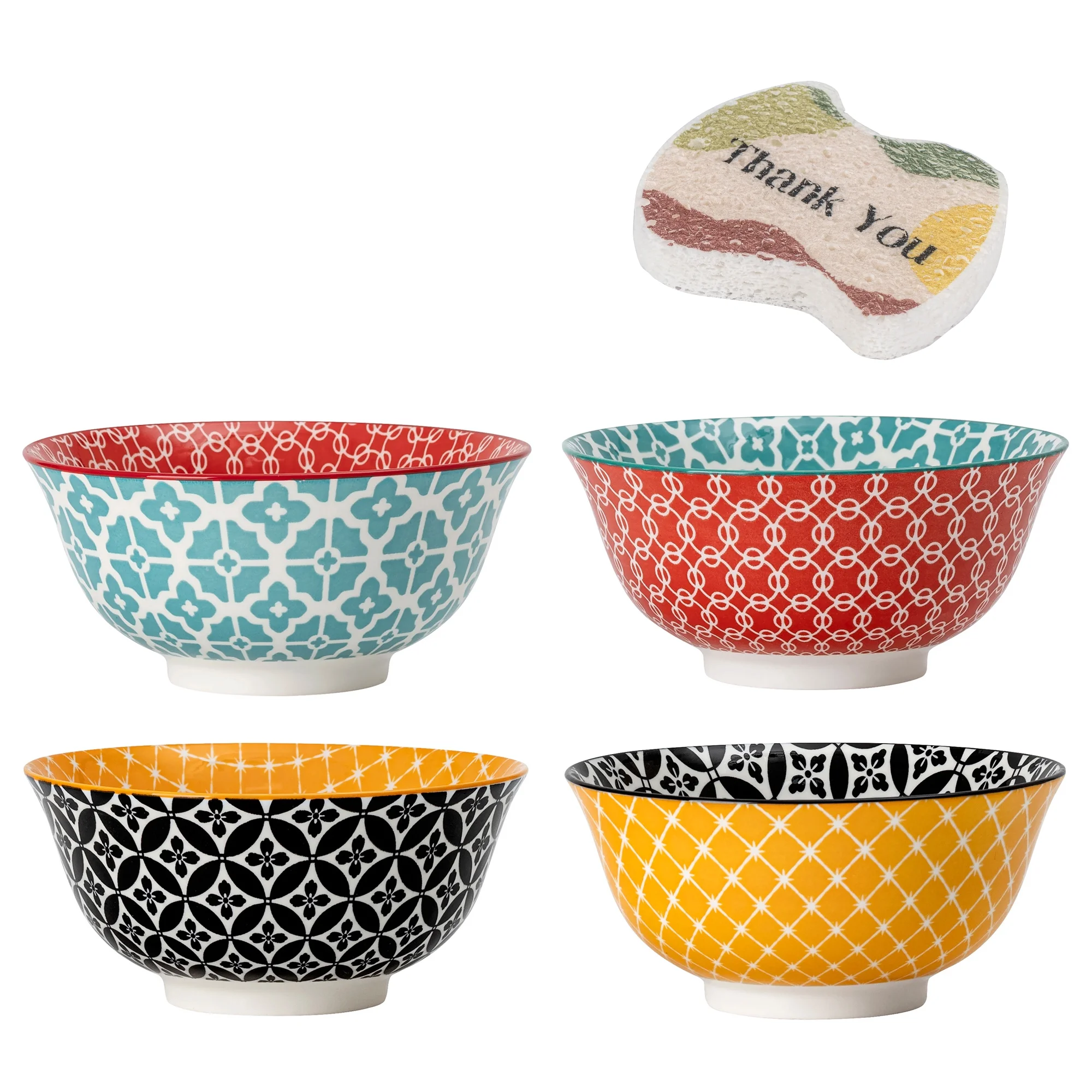 Dowan 4-Piece 6-Inch Vibrant Joy Ceramic Soup Salad Cereal Bowl 23OZ with Dishwashing Sponge