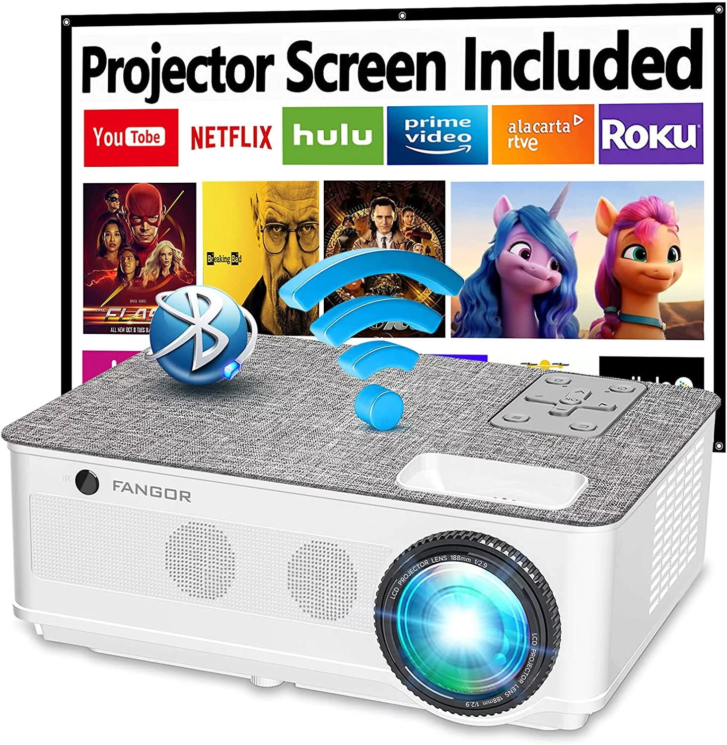 Restored Fangor 5G WIFI Bluetooth Projector, Native 1080P Full HD Projector, 450ANSI 16000L Movie projector for Outdoor, Video projector with 120” screen, Compatible with TV Stick, PC, Laptop, PS5, iOS/Android (Refurbished)