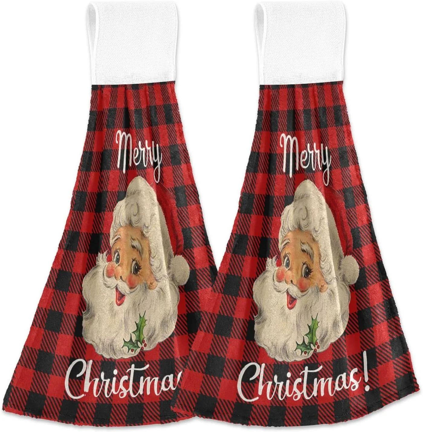 Hyjoy Christmas Santa Hanging Hand Towels with Hanging Loop Buffalo Check Plaid Bathroom Hand Towels Soft Thick Dish Cloth Hand Dry Towels Hand Towels for Kitchen Bathroom Hanging