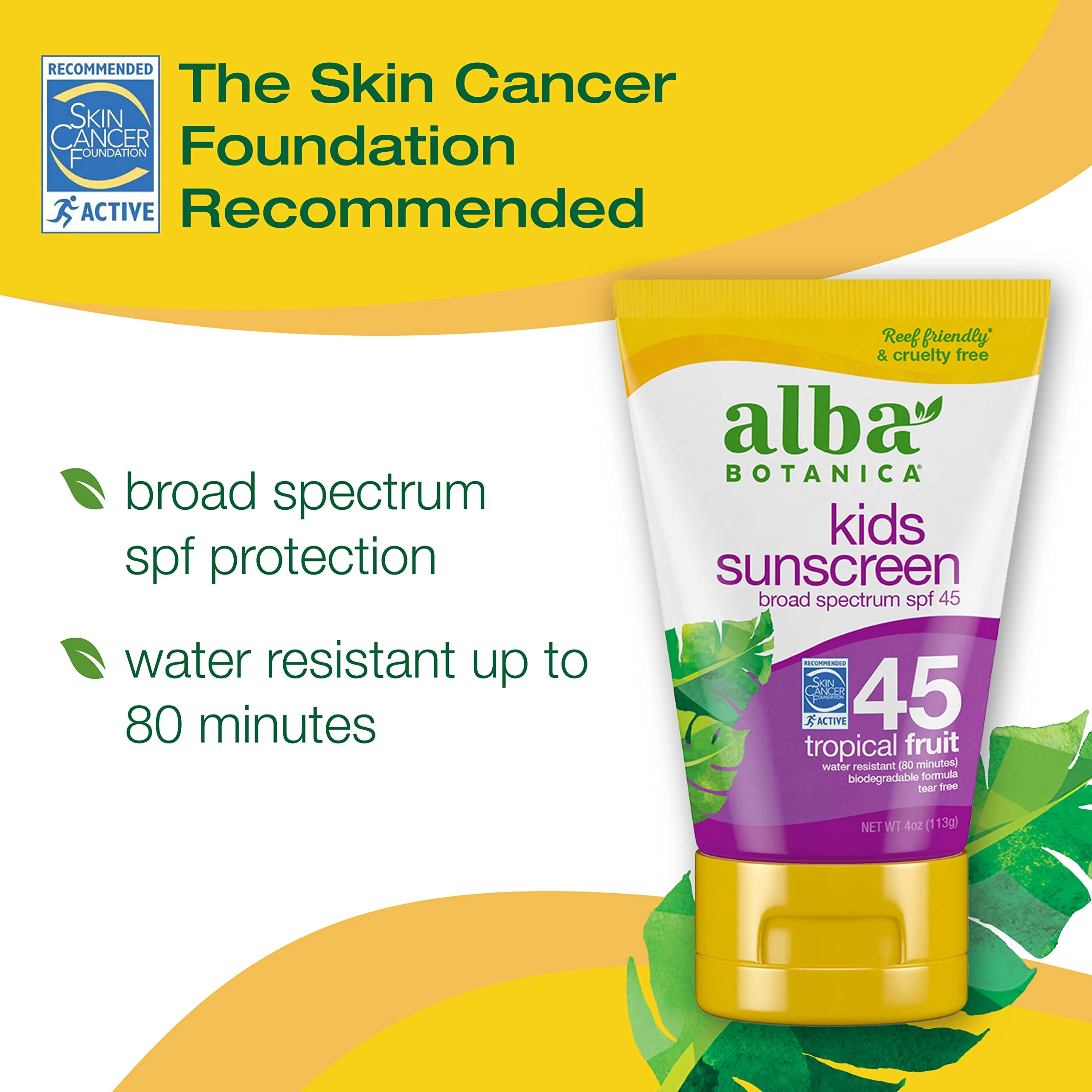 Alba Botanica Kids Sunscreen Lotion, SPF 45, Tropical Fruit, 4 Oz (Packaging May Vary)