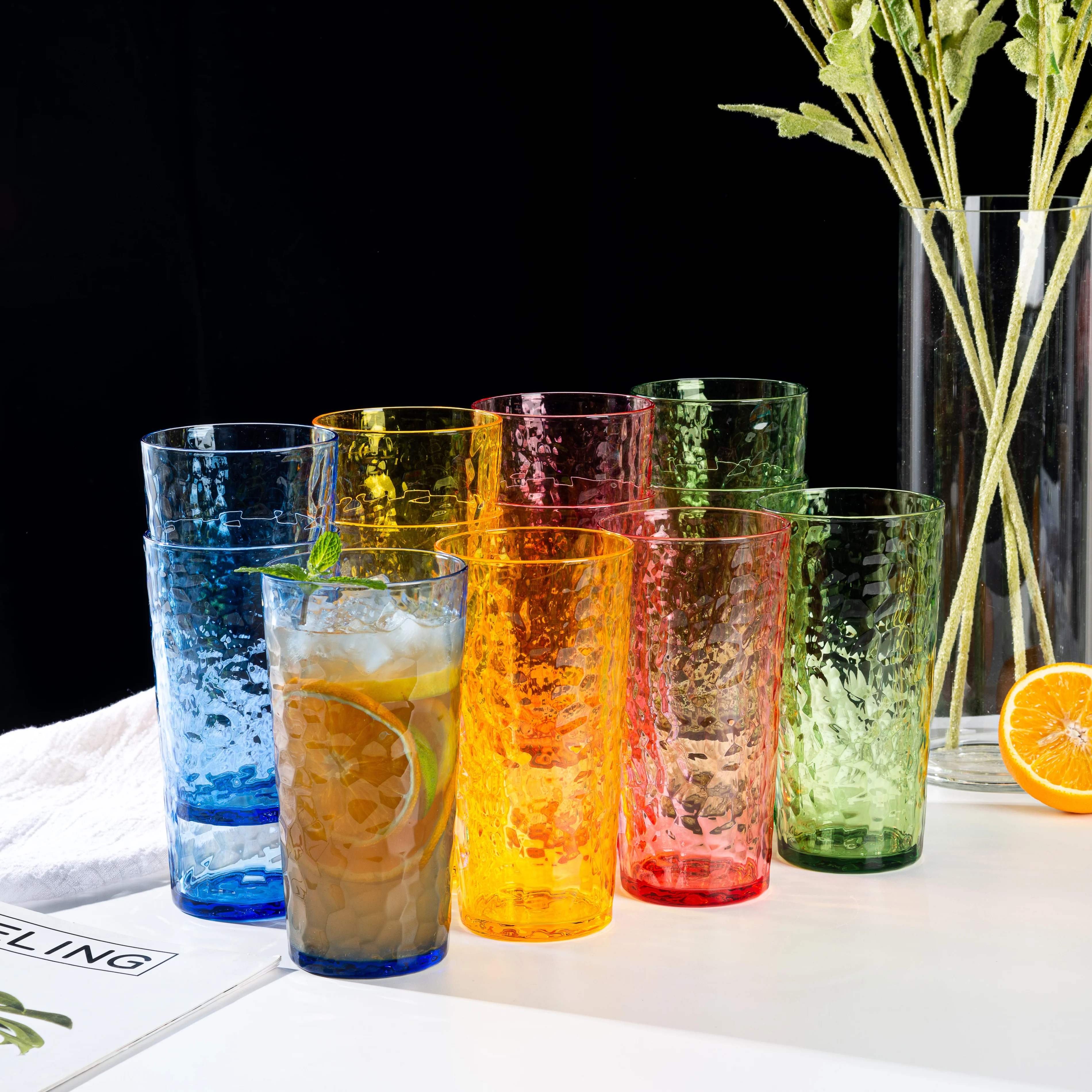 ZAINCA Hammered 24 ounce Plastic Drinking Tumbler Acrylic Glasses, Set of 8 Multicolor