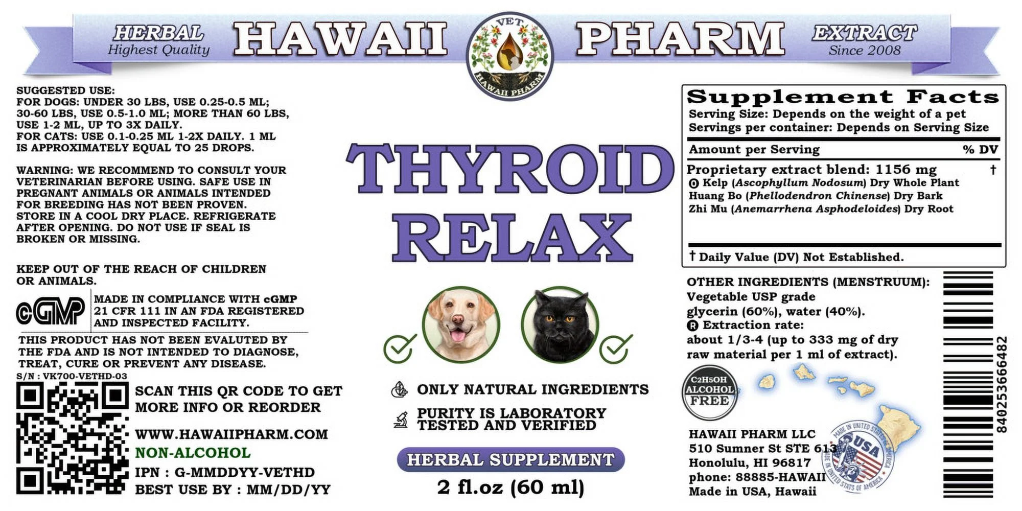 Thyroid Relax Natural Alcohol-FREE Liquid Extract, Pet Herbal Supplement. Expertly Extracted by Trusted HawaiiPharm Brand. Absolutely Natural. Proudly made in USA. Glycerite 2 Fl.Oz