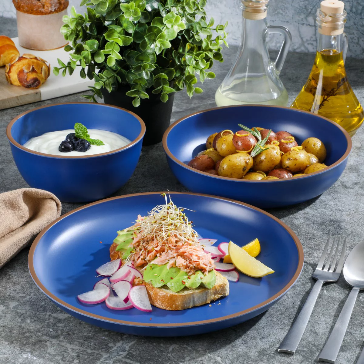 Gibson Home Rockabye 12 Piece Double Bowl Melamine Dinnerware Set - Matte Blue