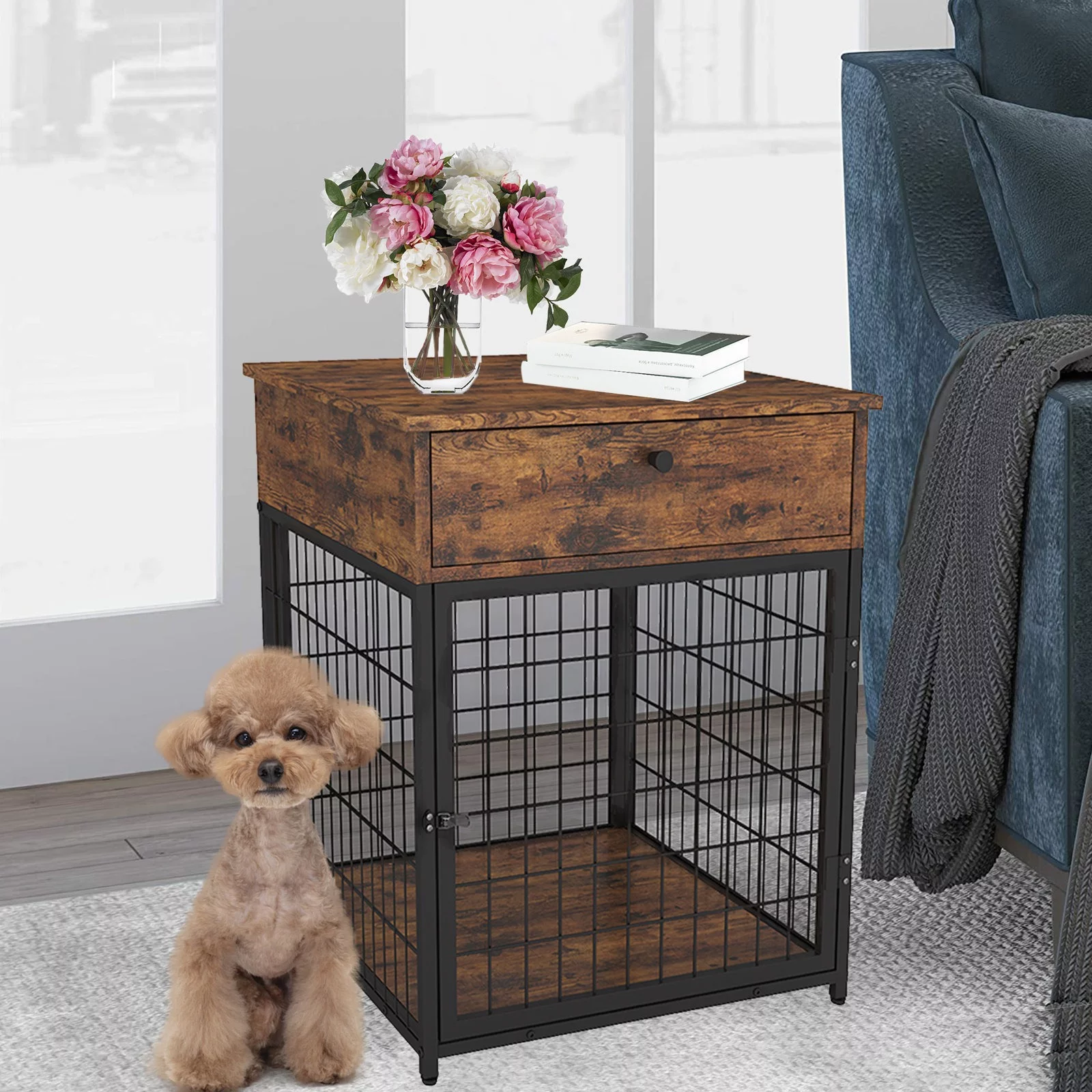 Glavbiku Wood Dog Crate Furniture,Dog Bed with Storage Console for Living Room,Brown,26.9
