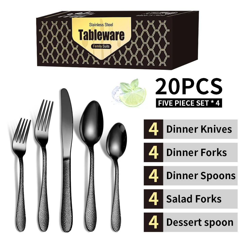 Cibeat Black Silverware Set, 20 Pcs Stainless Steel Flatware Set for 4, Hammered Tableware Cutlery Set Includes Forks Spoons Knives, Mirror Finish & Dishwasher Safe