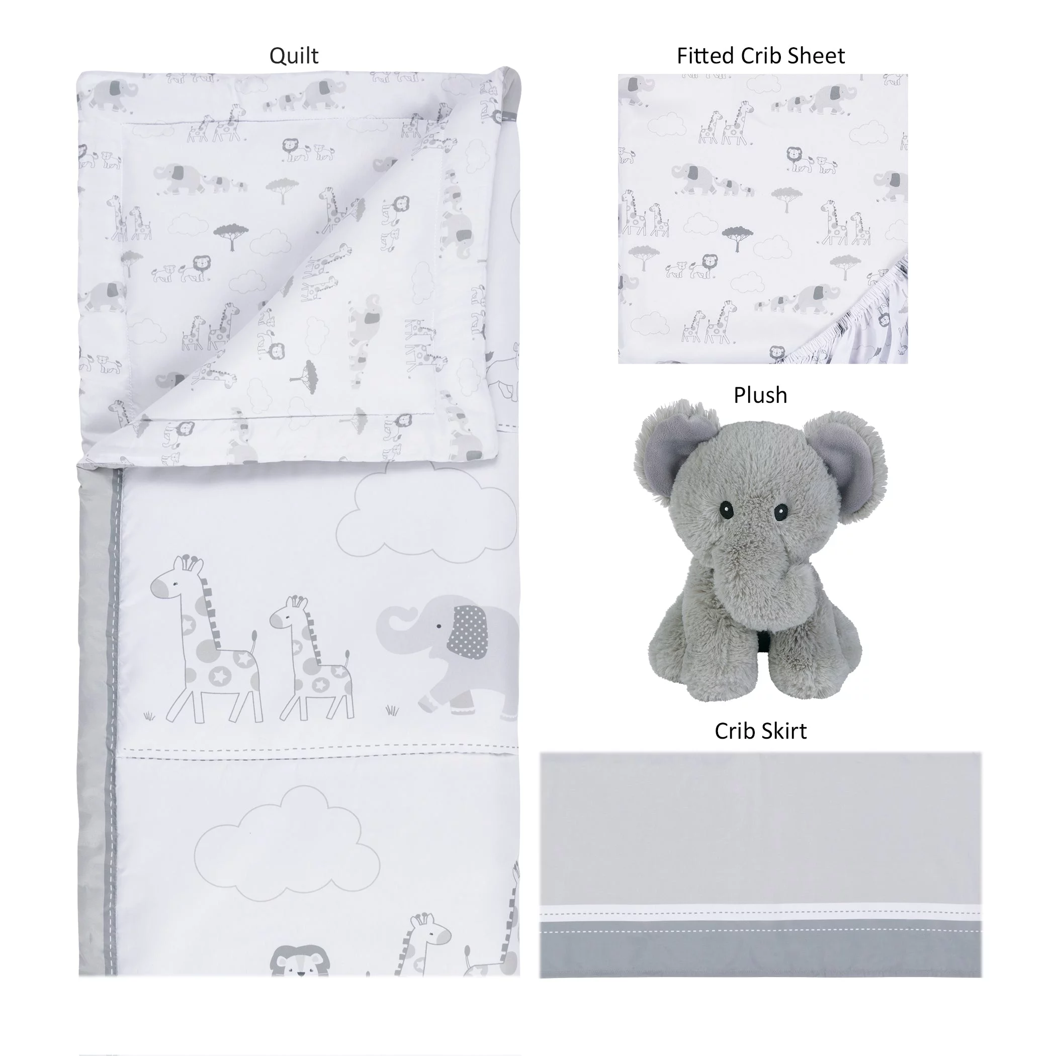 Sammy & Lou Unisex Follow the Leader 4 Piece Crib Bedding Set, Infant, Elephant Character, 200 Thread Count